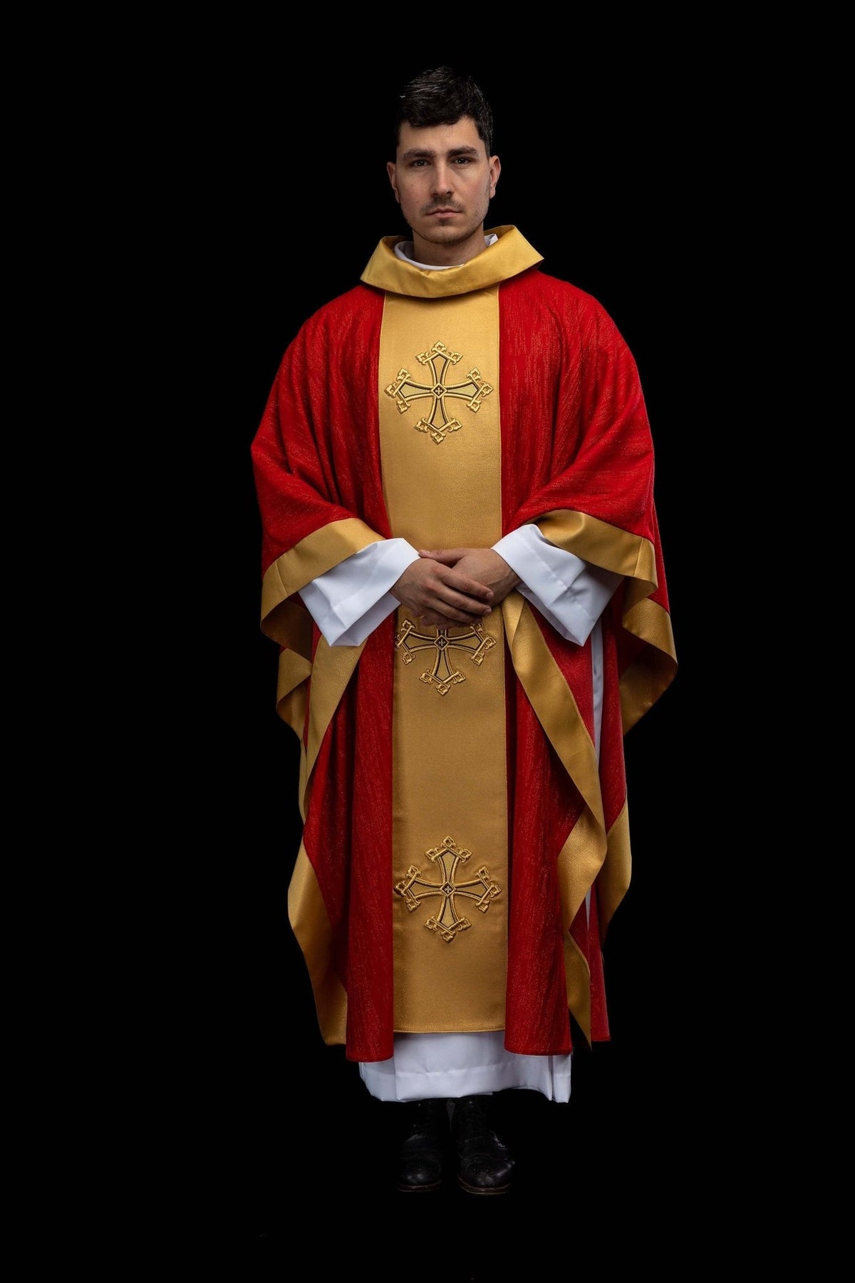 Red chasuble with gold orphrey and cross embroidery, full front view