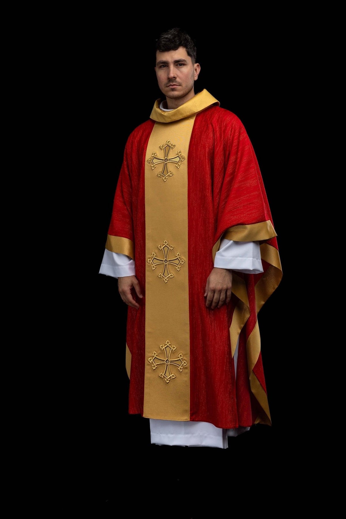 Red chasuble front view showing gold orphrey and three cross embroideries