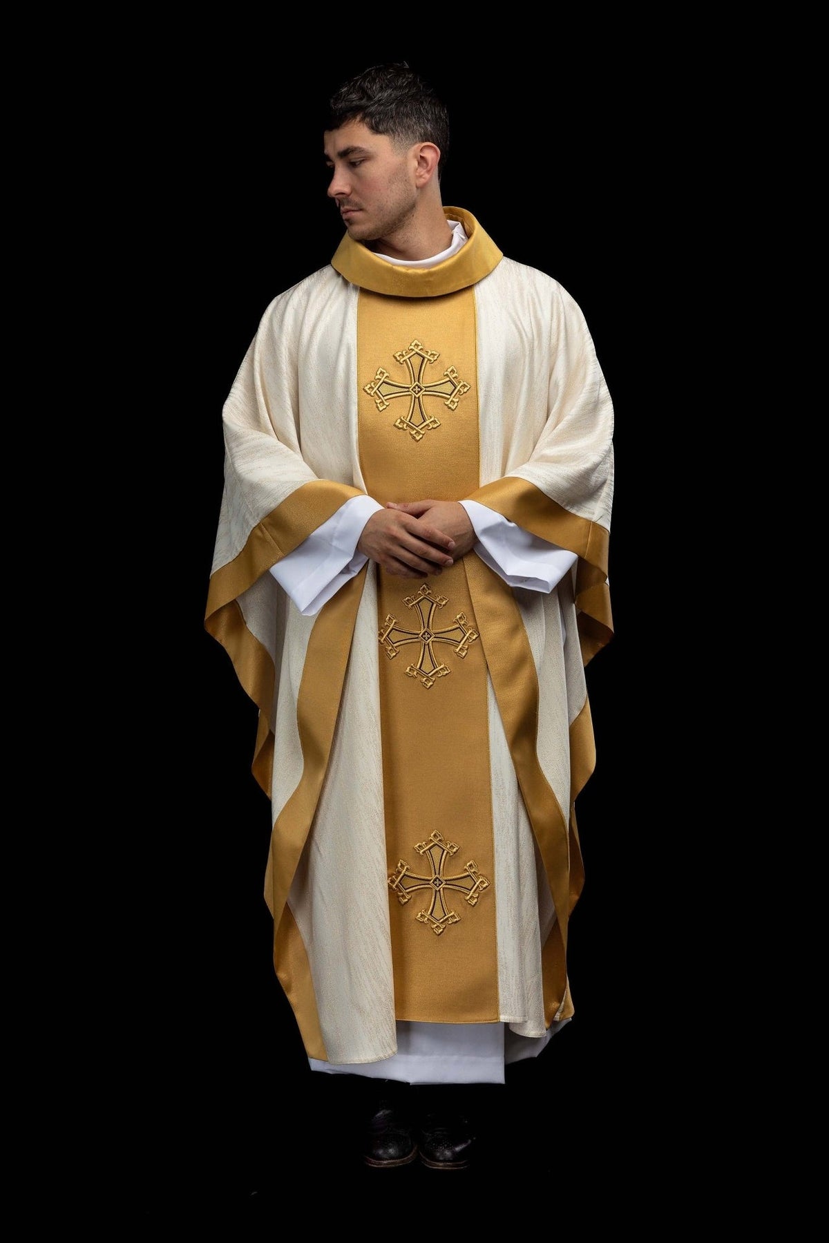 Ecru chasuble front view with gold orphrey, stand-up collar and embroidered crosses