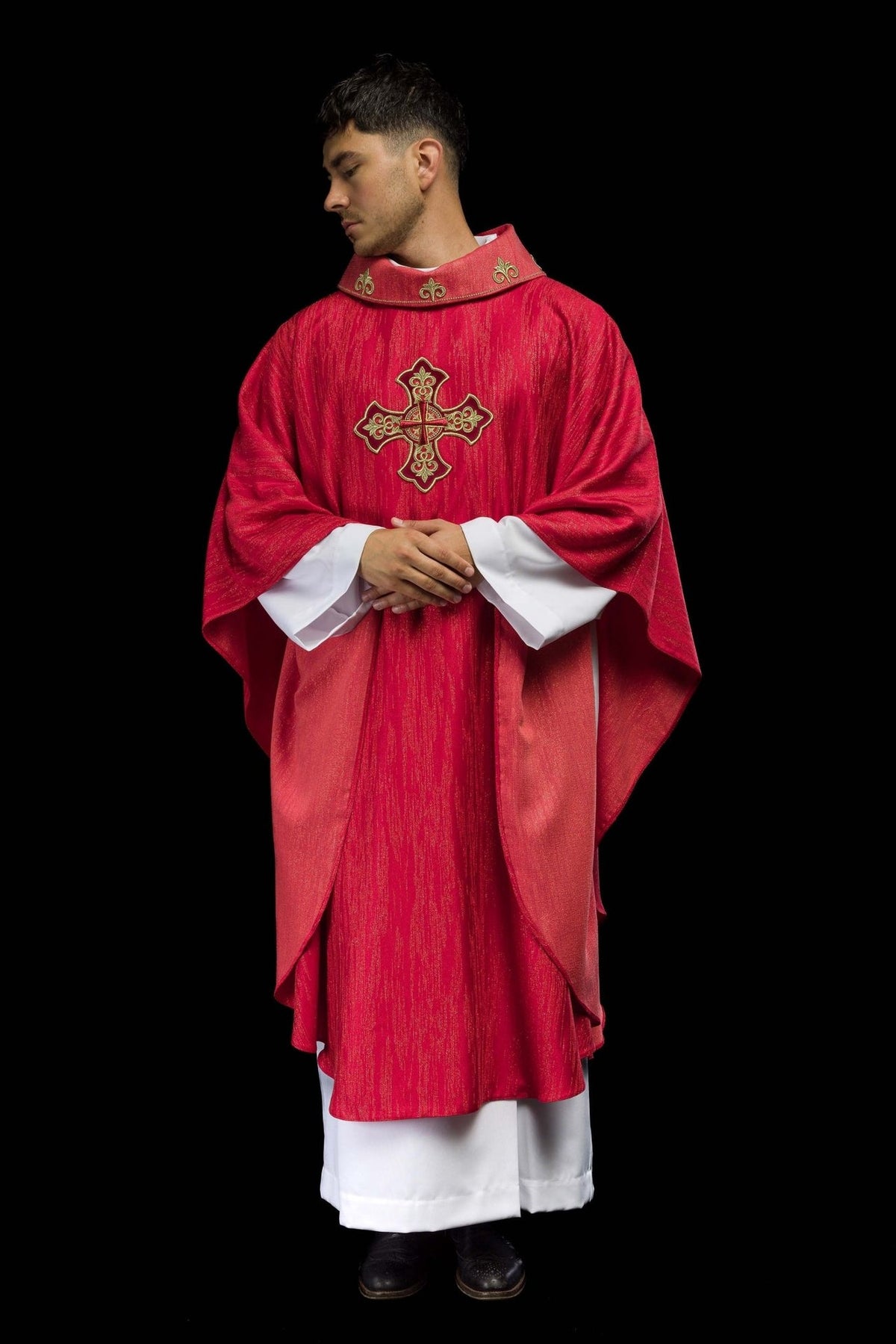 Red chasuble, full front view with embroidered gold cross and stand-up collar