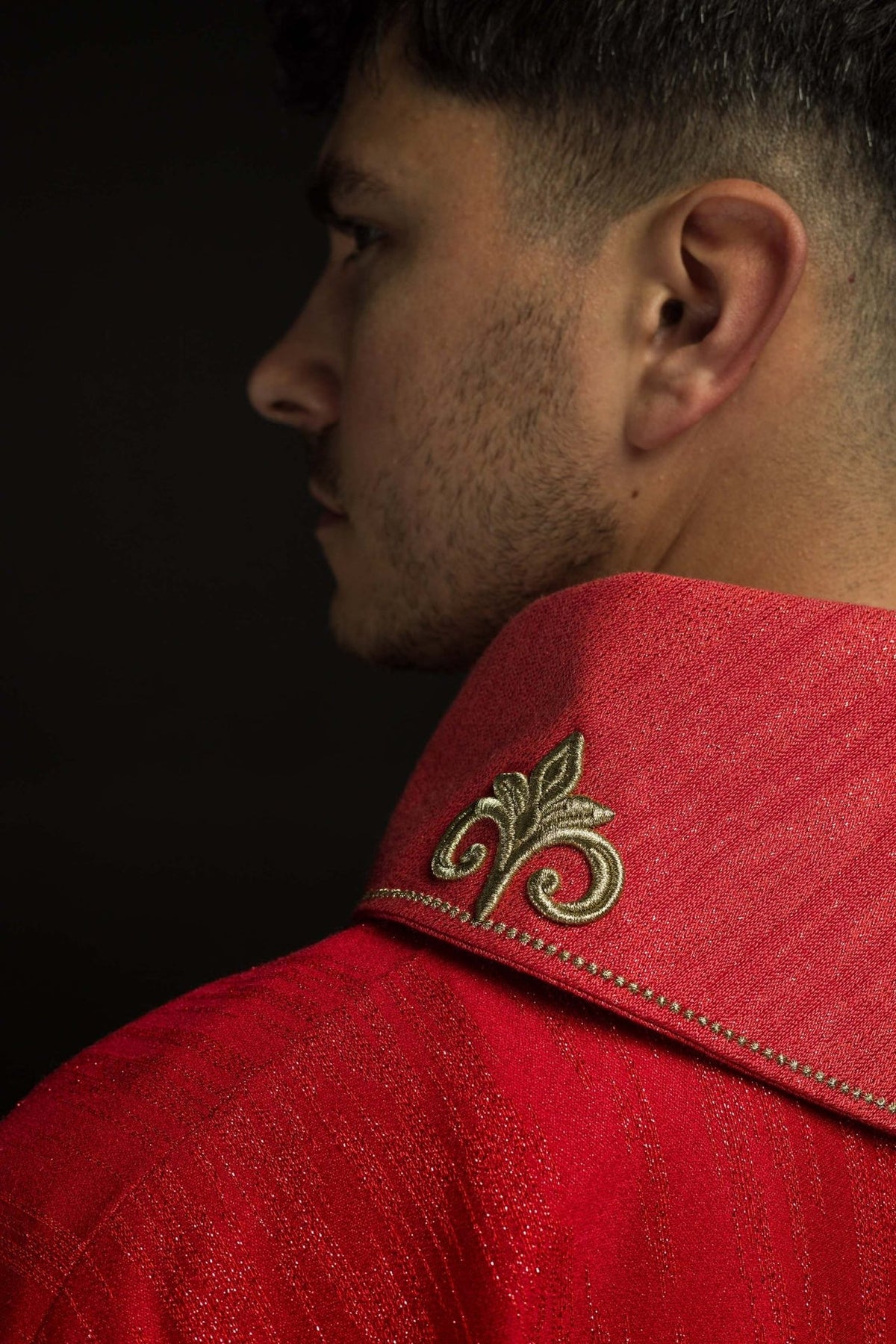 Red chasuble close-up showing gold embroidery on the stand-up collar