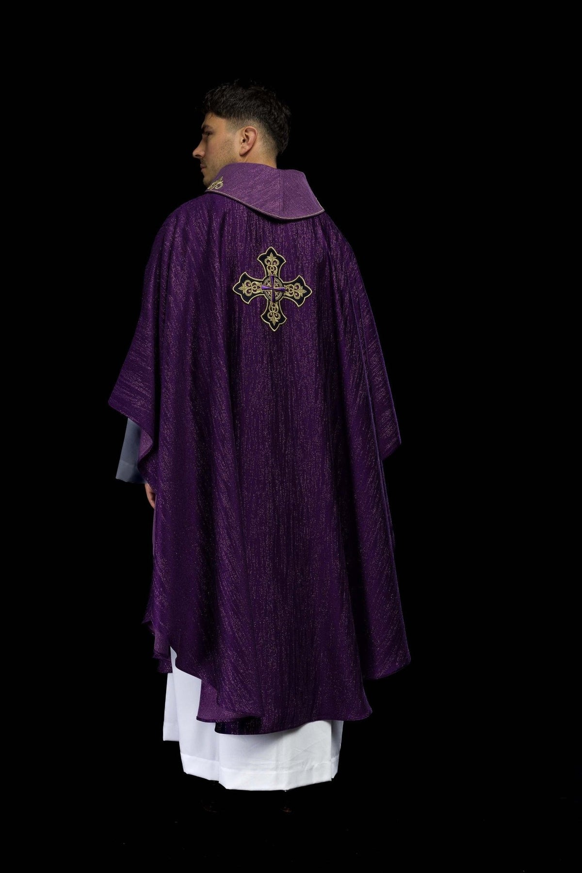 Purple chasuble three-quarter back view with cross embroidery