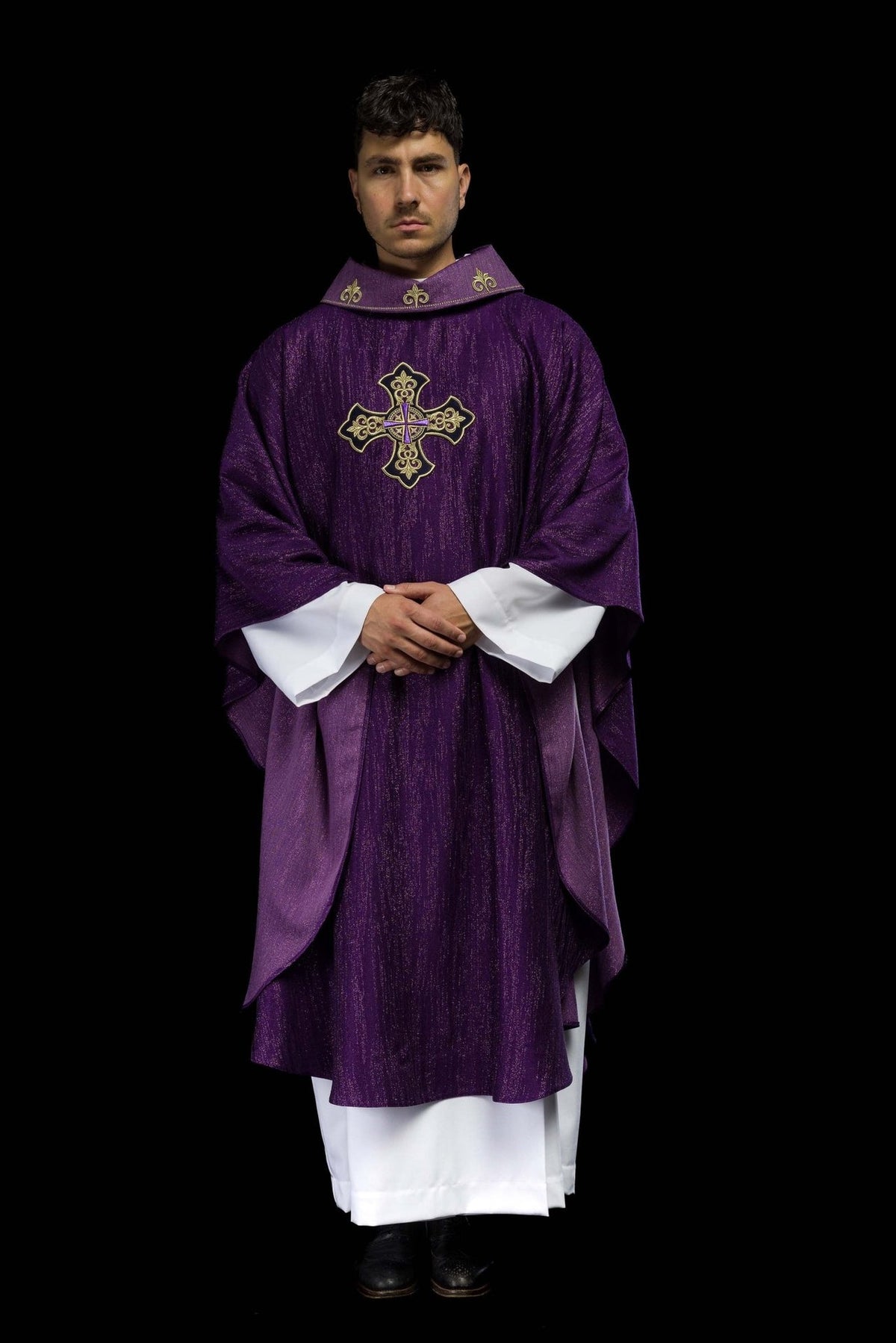Purple chasuble front view with gold cross embroidery