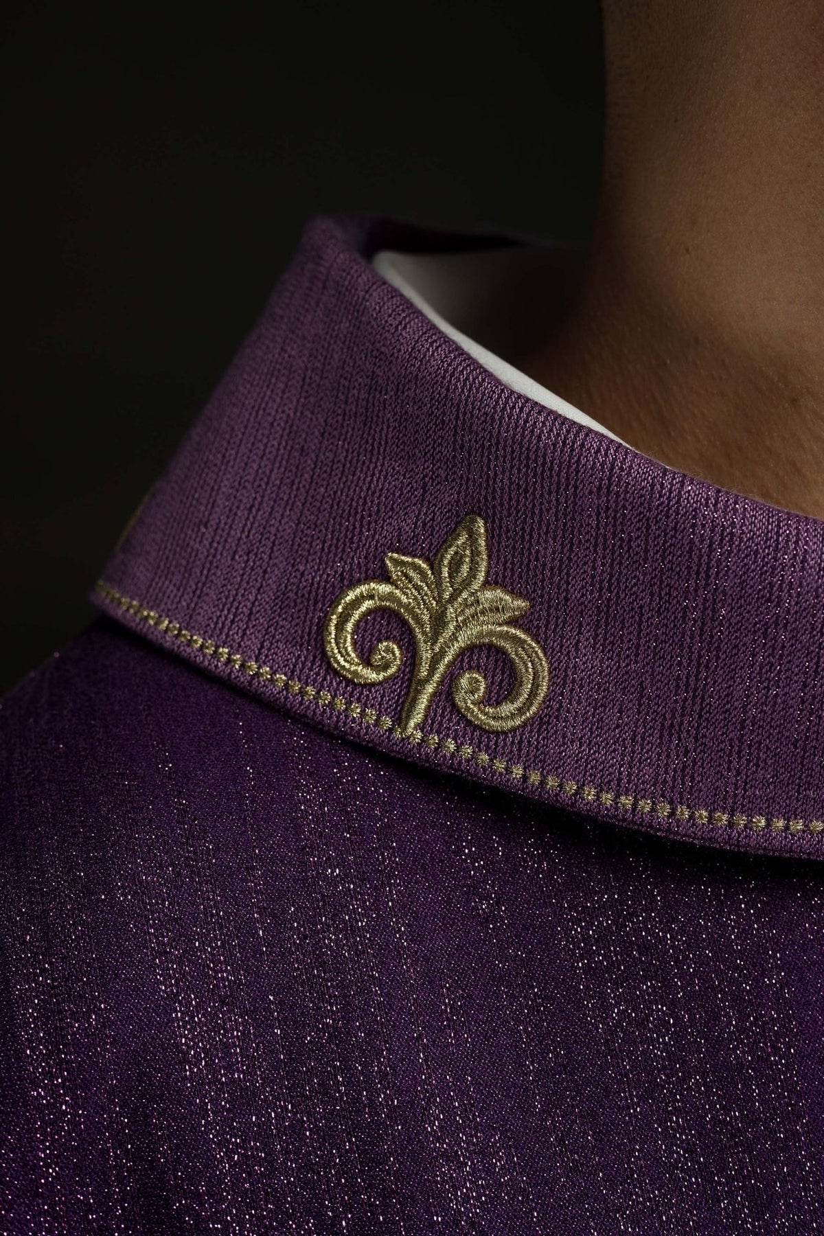 Purple chasuble close-up showing gold embroidered collar motif