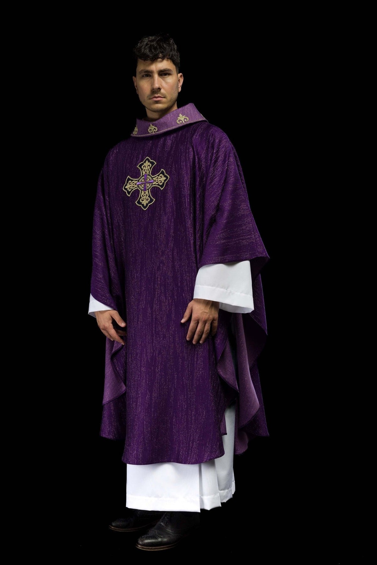 Purple chasuble three-quarter front view with embroidered cross