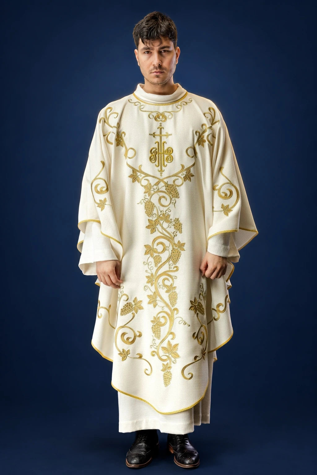 Ecru Liturgical Chasuble with IHS and Grapes Embroidery, front view with gold embroidery
