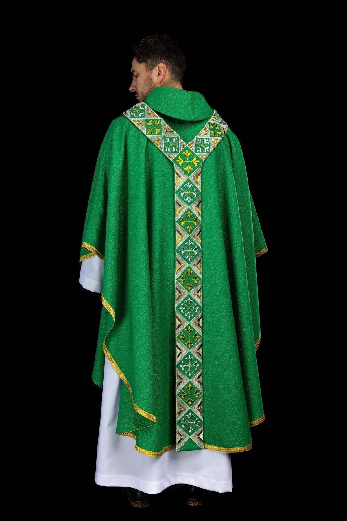 Green chasuble worn from the back with a central embroidered orphrey