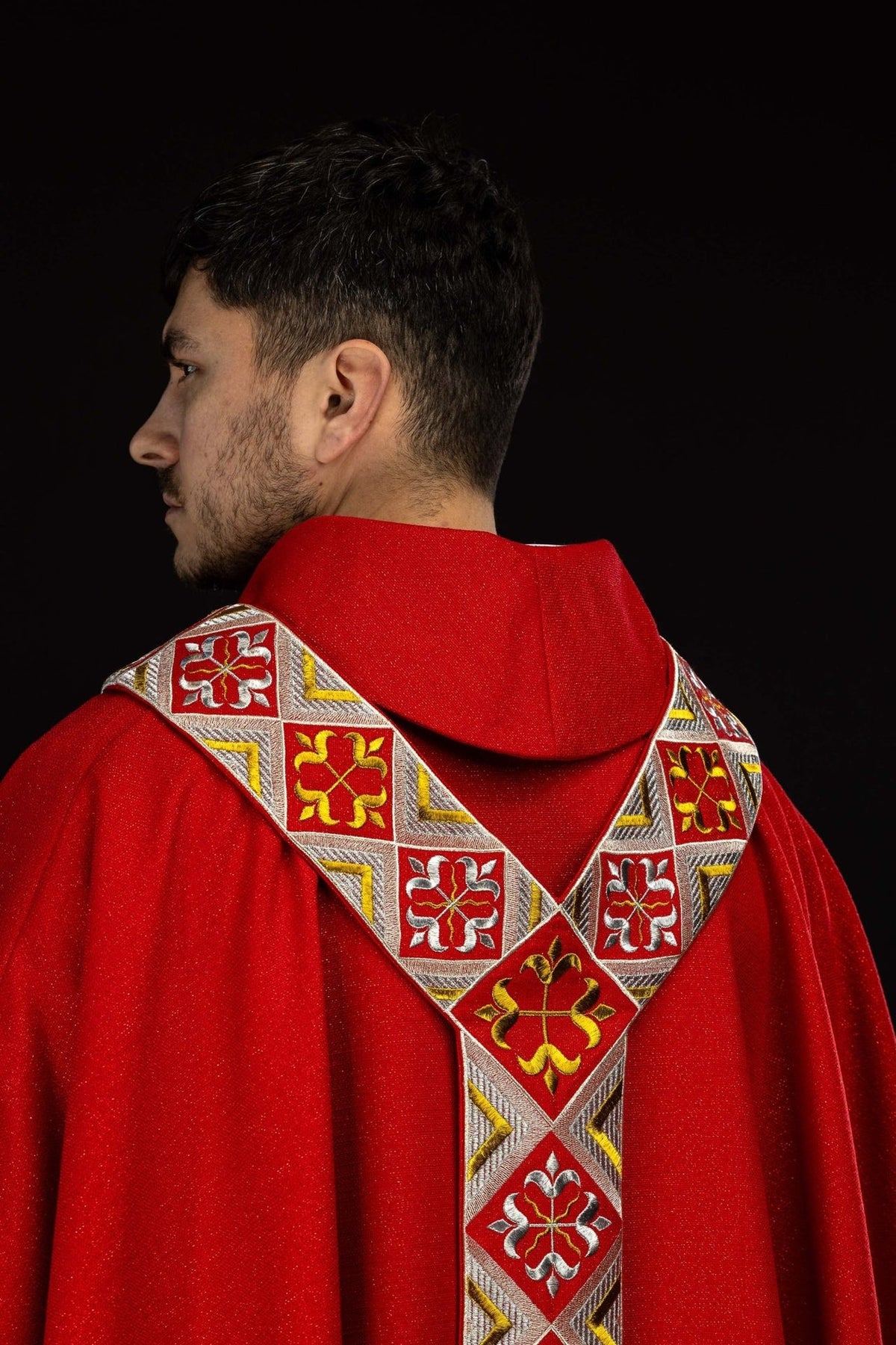 Red chasuble upper front with embroidered orphrey and red collar