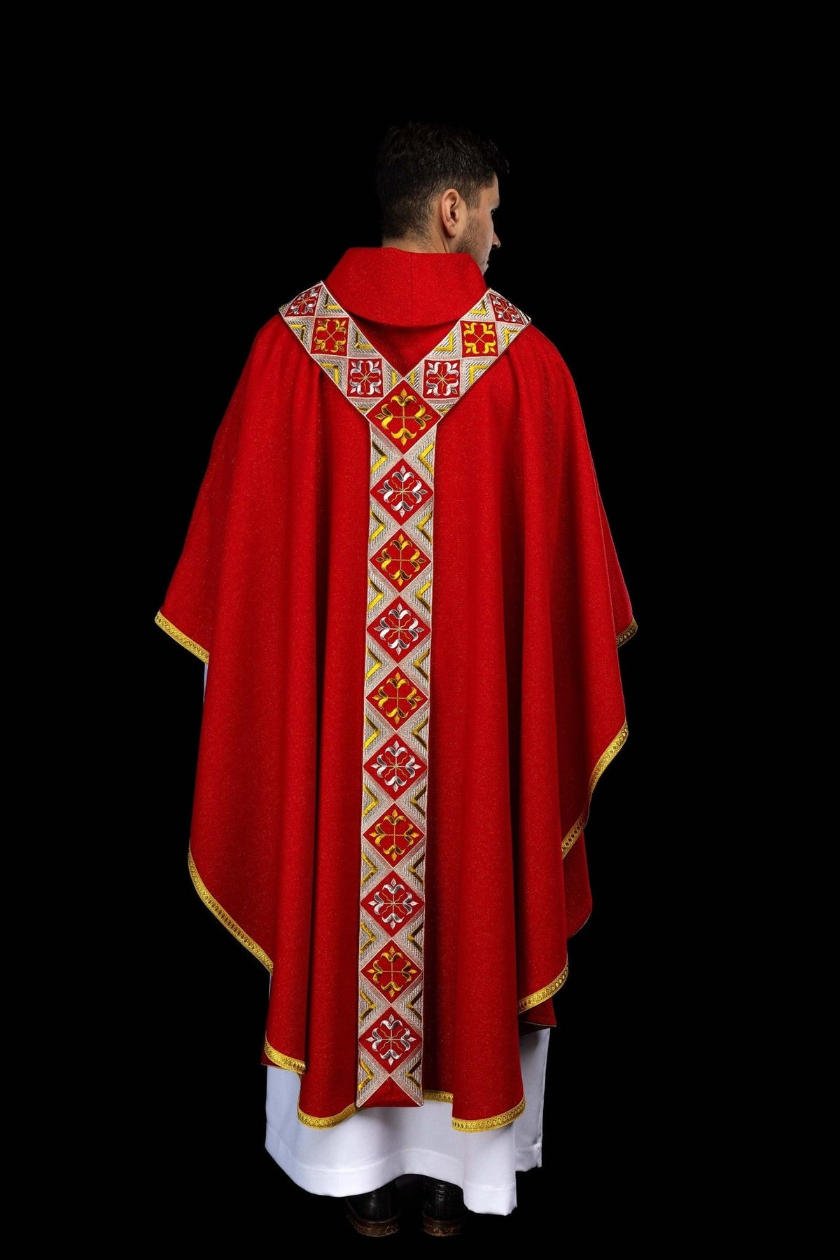 Red chasuble orphrey side close-up with silver and gold embroidery