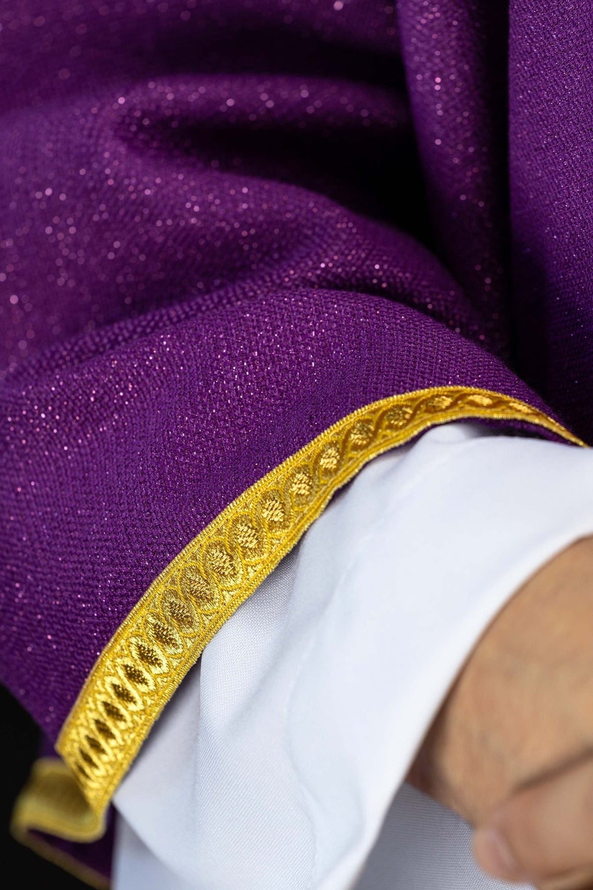 Purple chasuble full front view with embroidered silver and gold orphrey