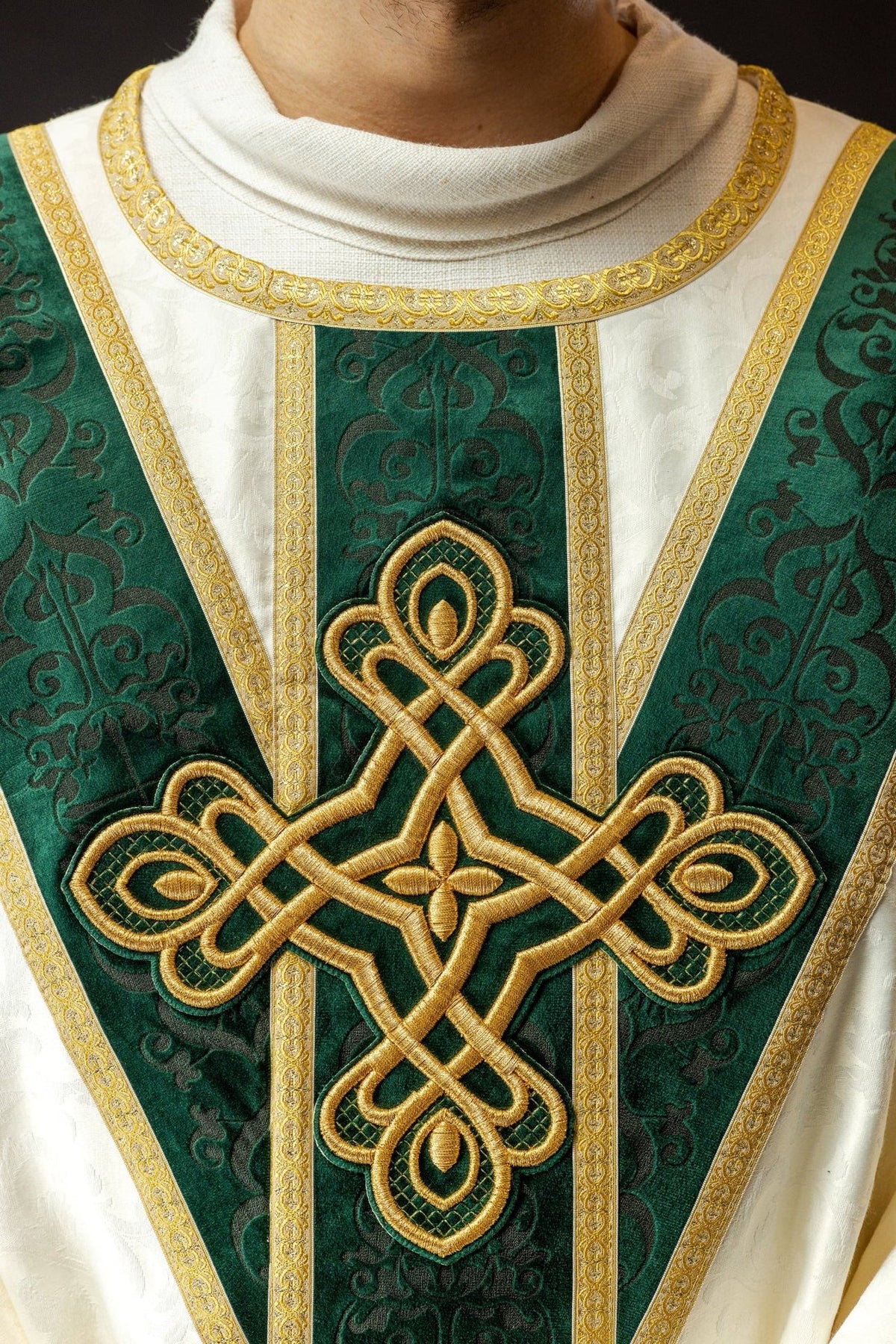 Green velvet orphrey with embroidered gold cross and decorative trims