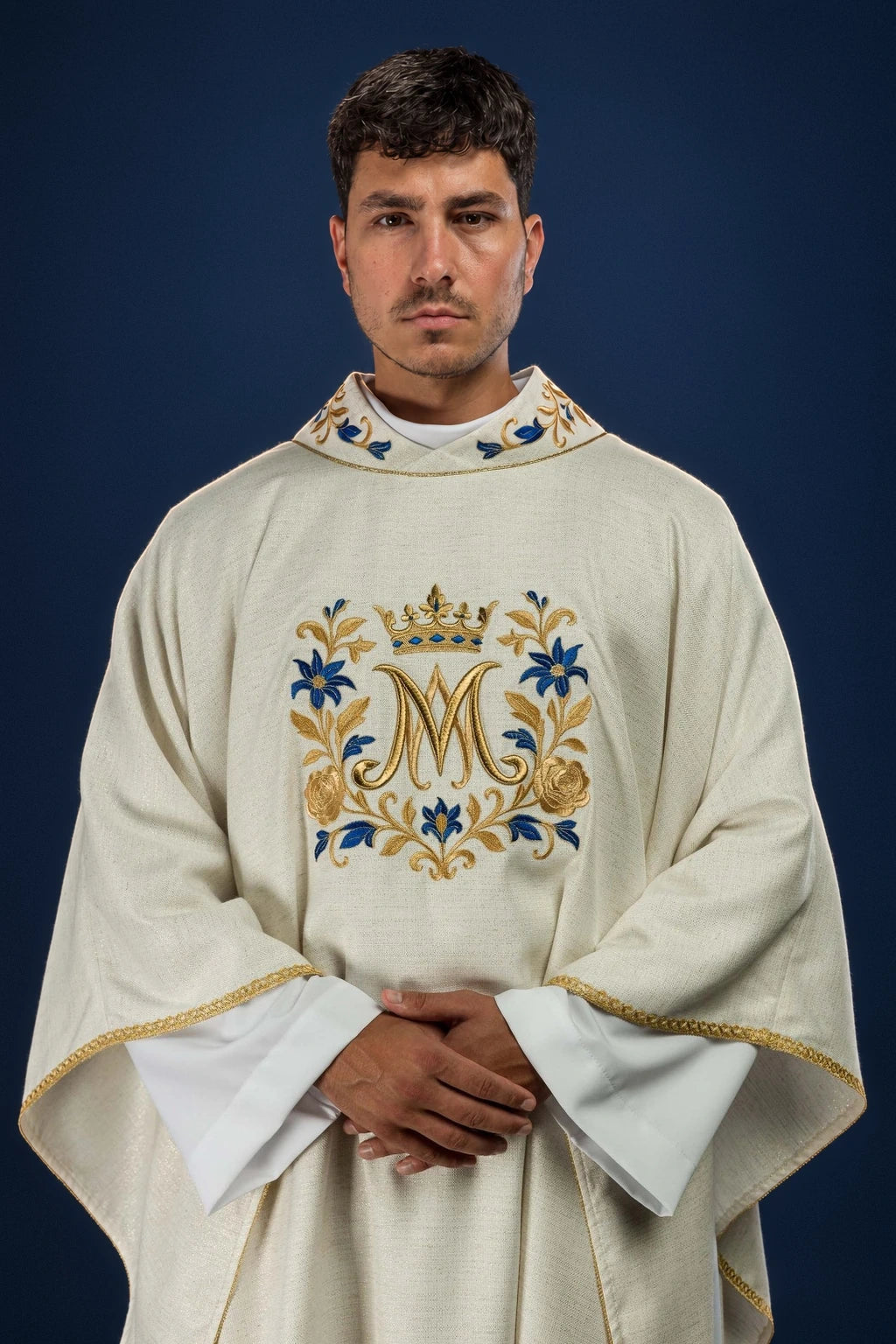 Embroidered Ecru Catholic Chasuble with Marian Motif, front view with gold and blue embroidery