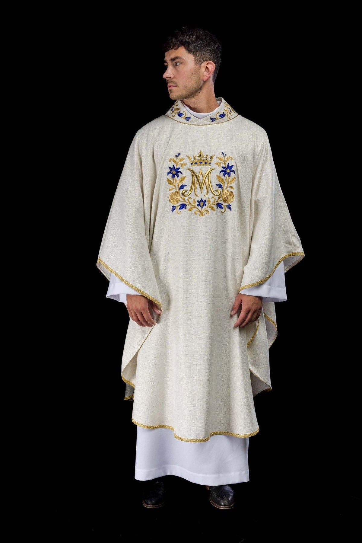 Ecru Marian chasuble, full front view with gold trim and embroidered Marian motif