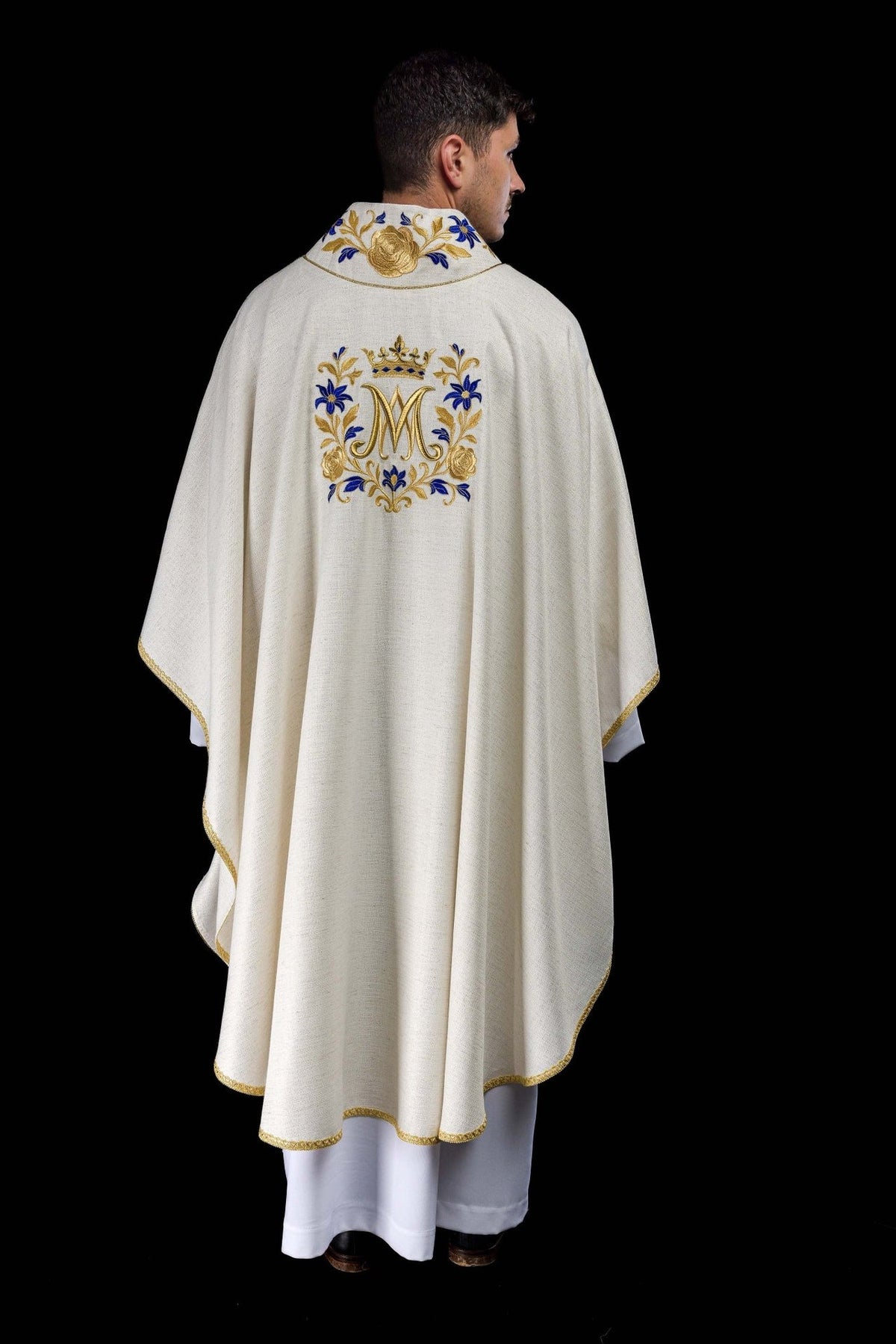 Ecru Marian chasuble back view with gold and blue Marian embroidery