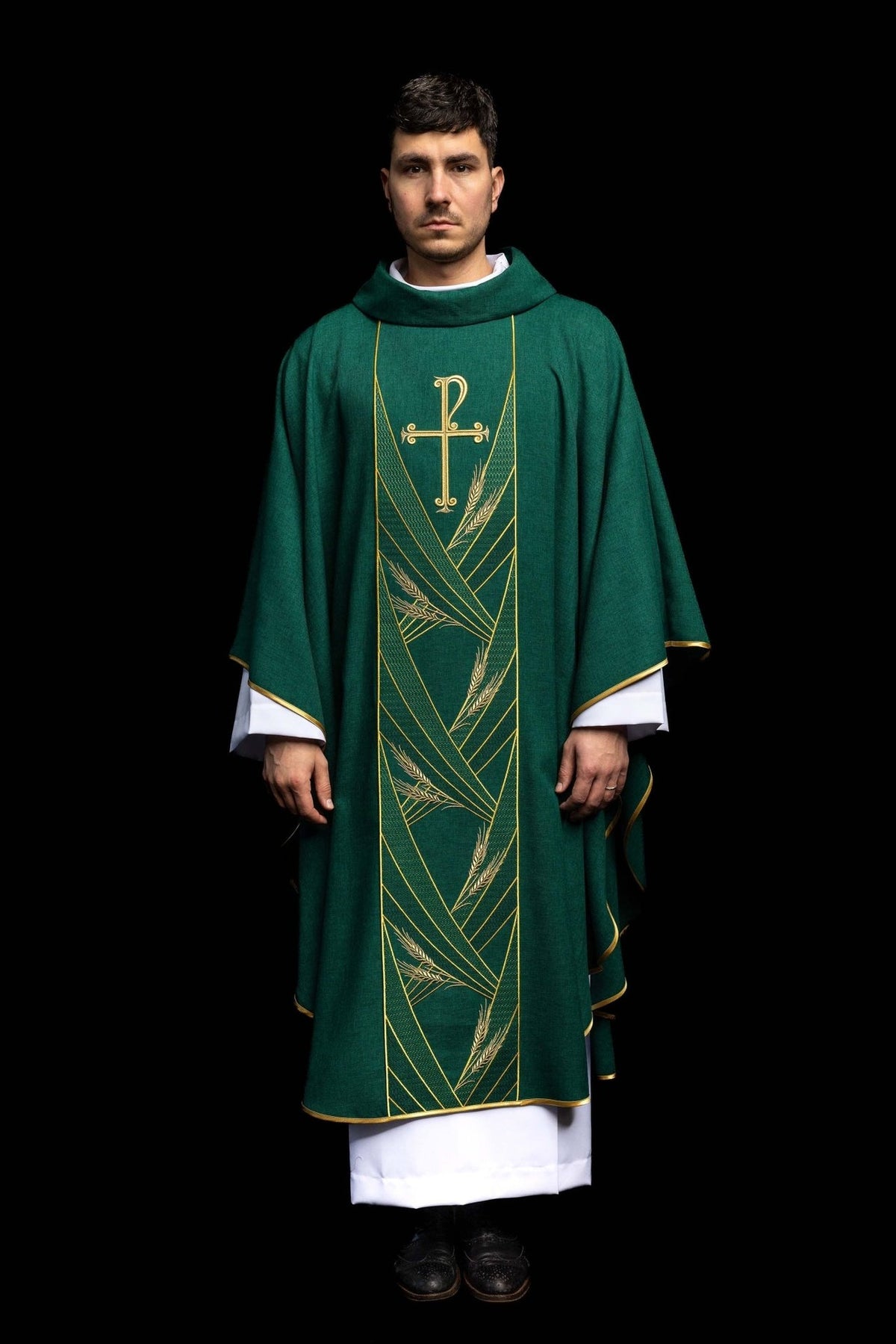 Green chasuble front view with gold embroidered cross, wheat motifs and orphrey
