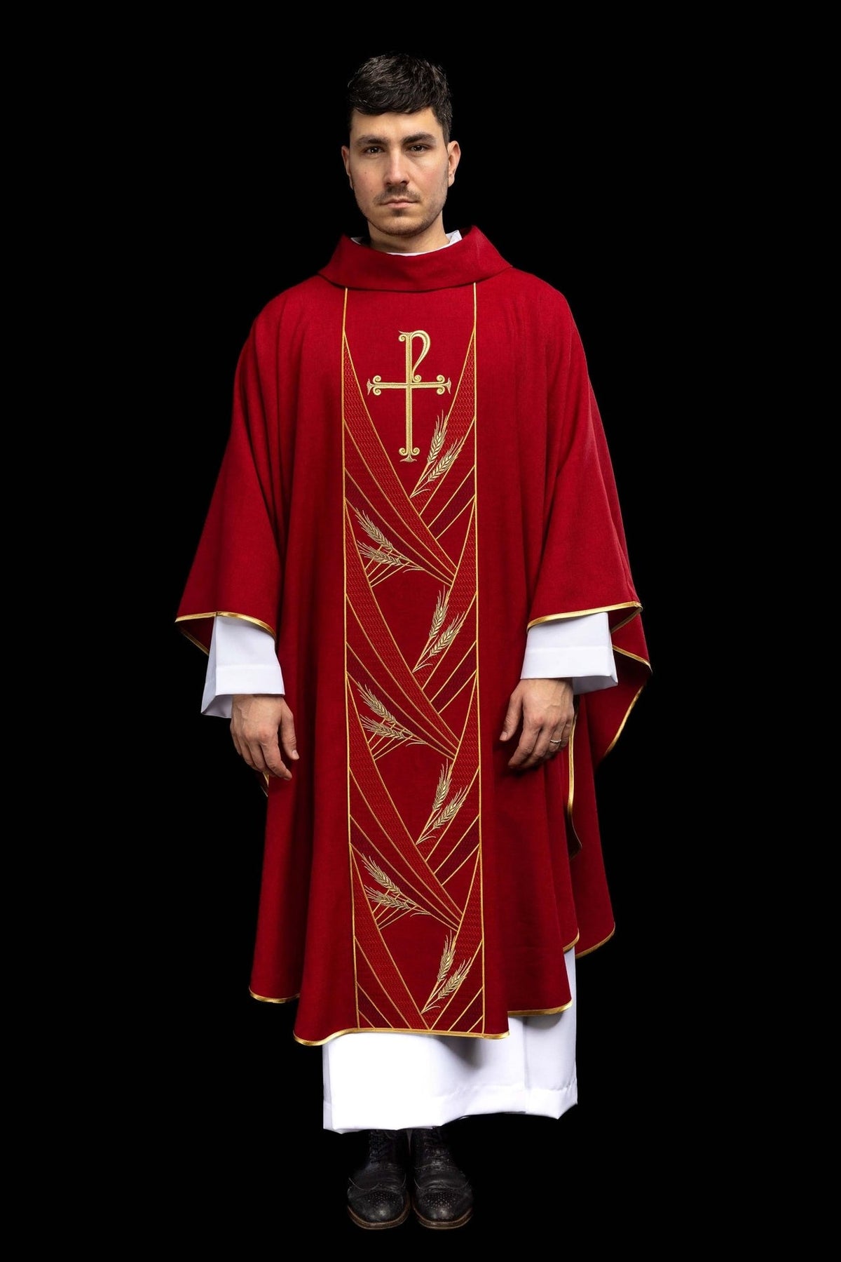 Red chasuble, full front view with gold cross, wheat embroidery and trim