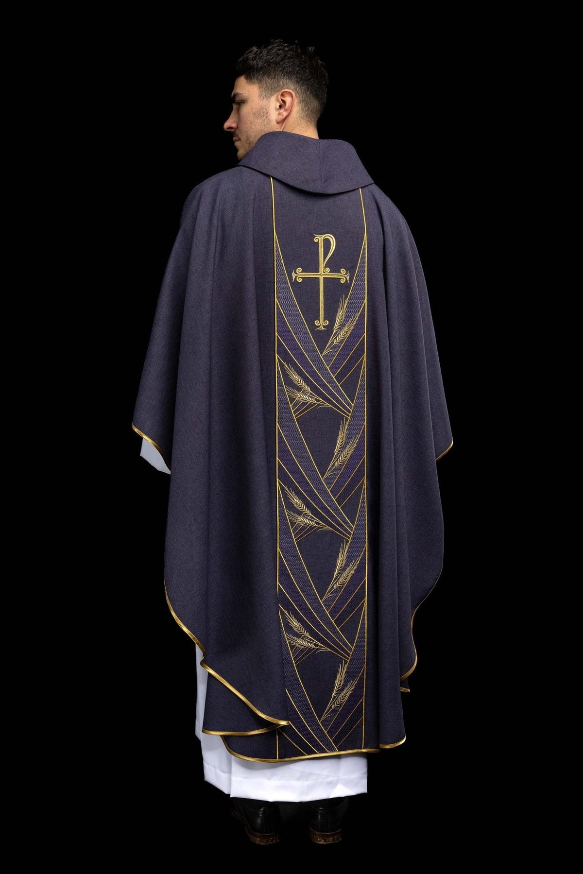 Purple chasuble back view with gold cross, wheat embroidery and orphrey