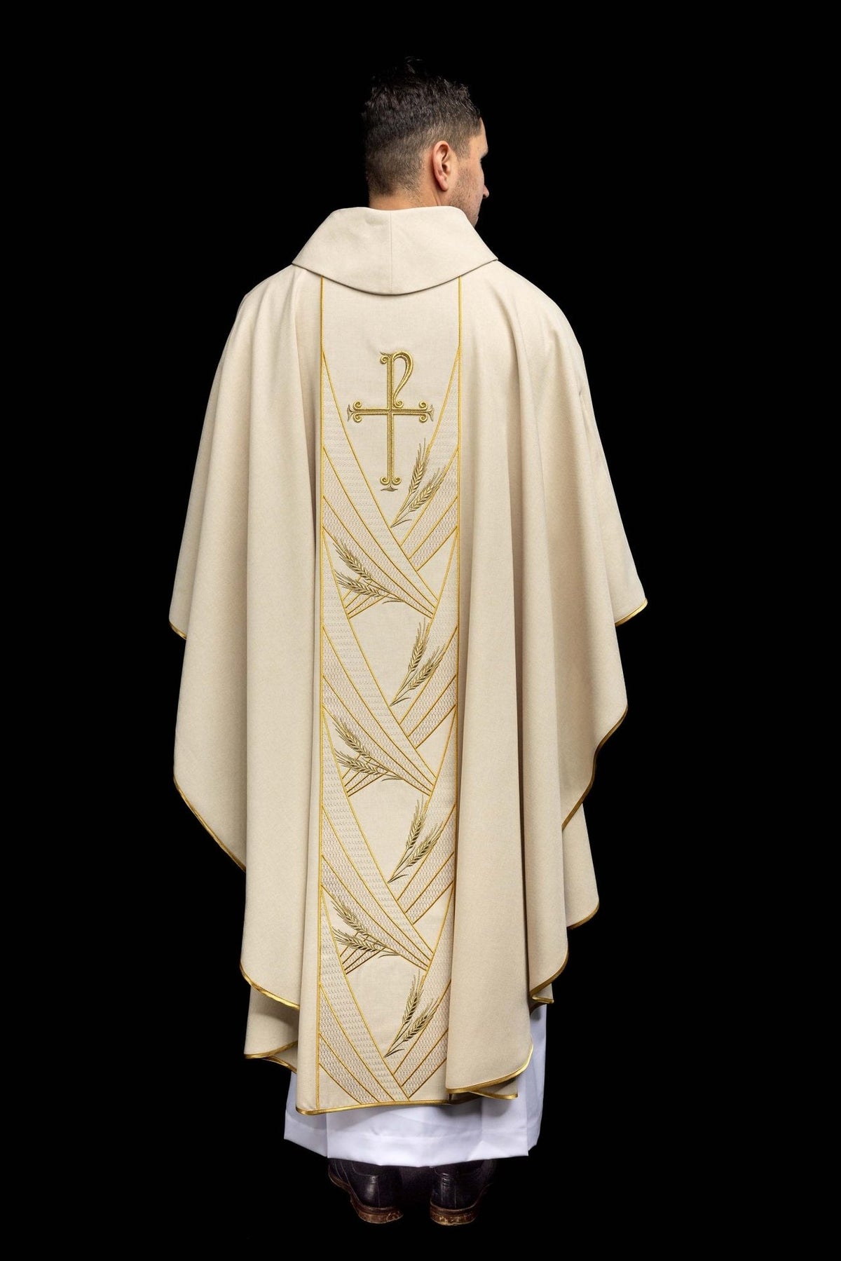 Ecru chasuble, full back view with embroidered orphrey and gold trim