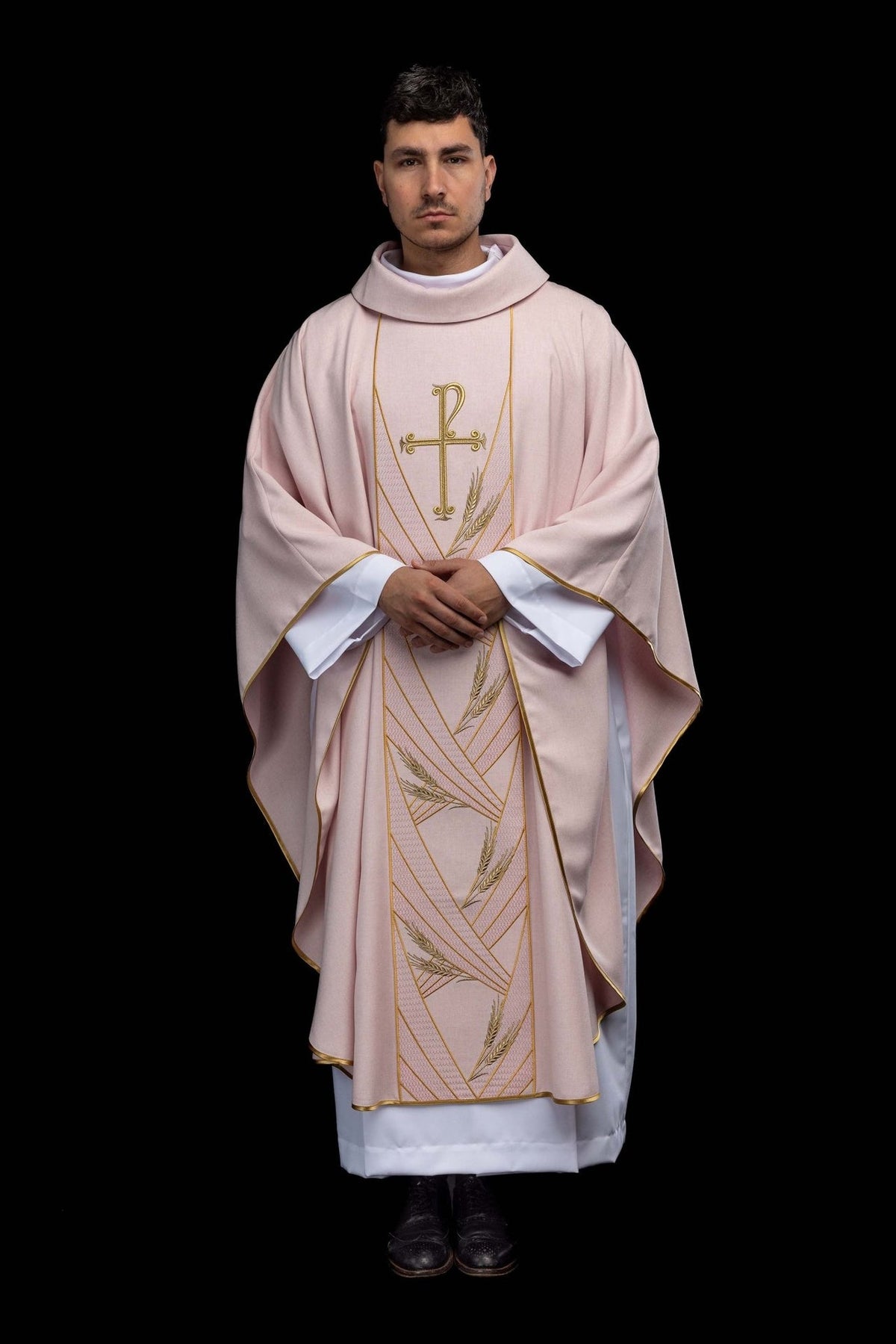 Rose chasuble, full front view with gold-trimmed orphrey and wheat embroidery