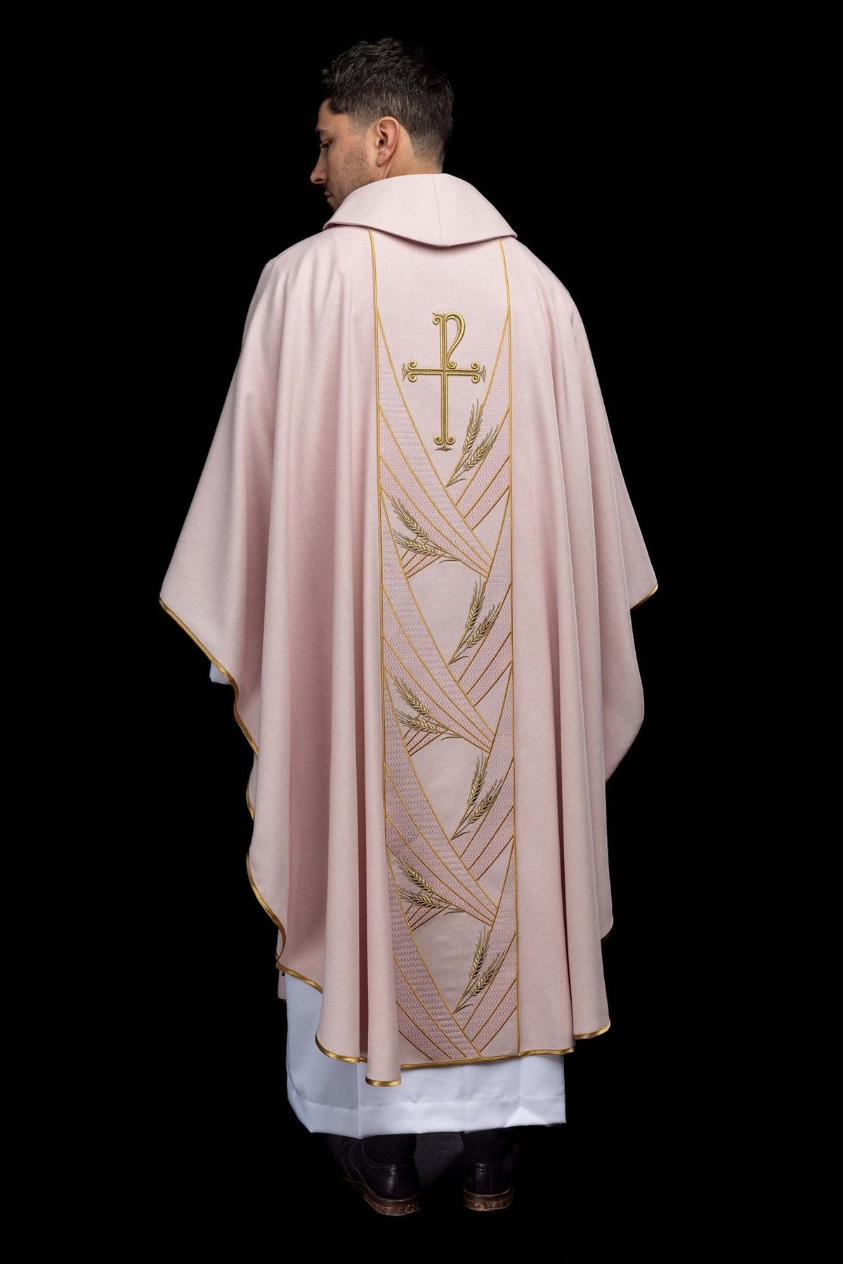 Rose chasuble full back view with embroidered wheat orphrey and gold trim