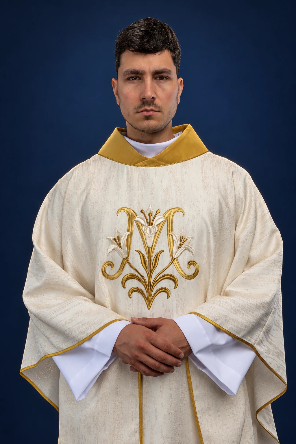 Embroidered Chasuble with Marian Motif in Ecru, front view with gold Marian embroidery and trim