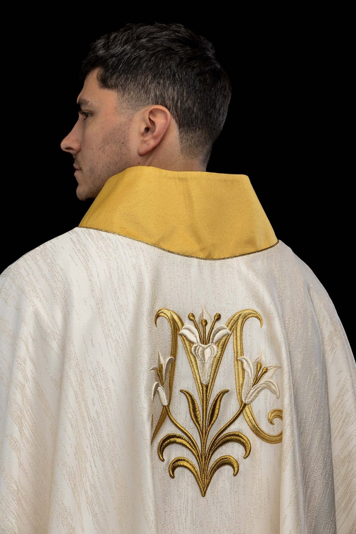 Ecru chasuble back view with gold and white Marian embroidery