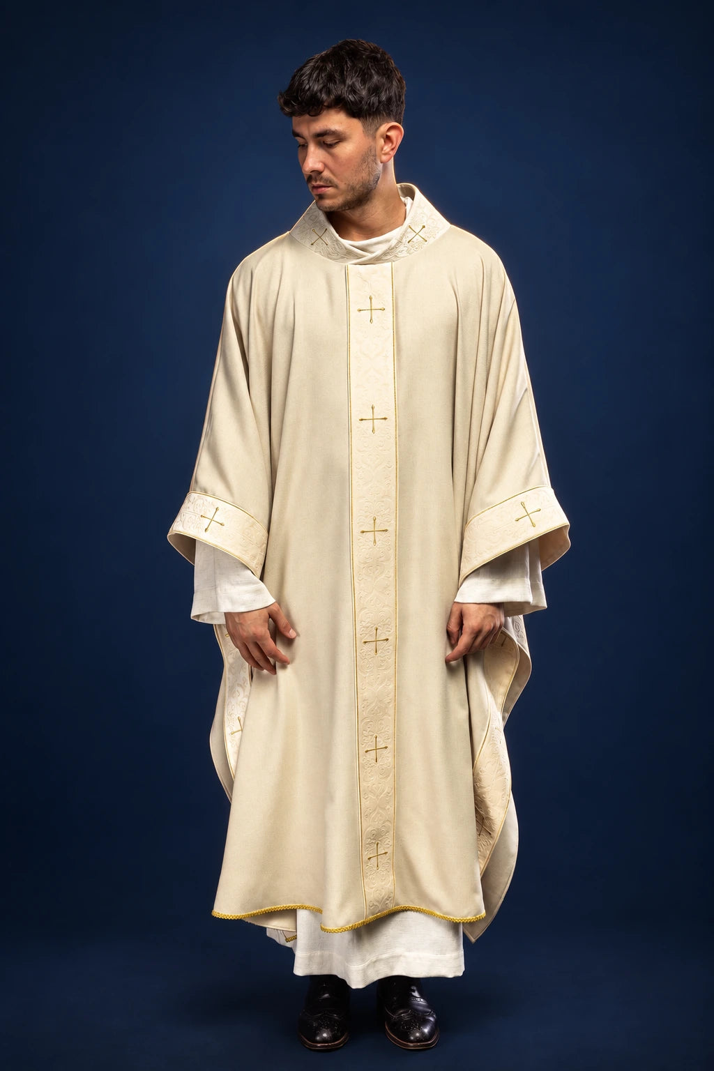 Ecru Chasuble with an Embroidered Orphrey and Collar Featuring Crosses, front view