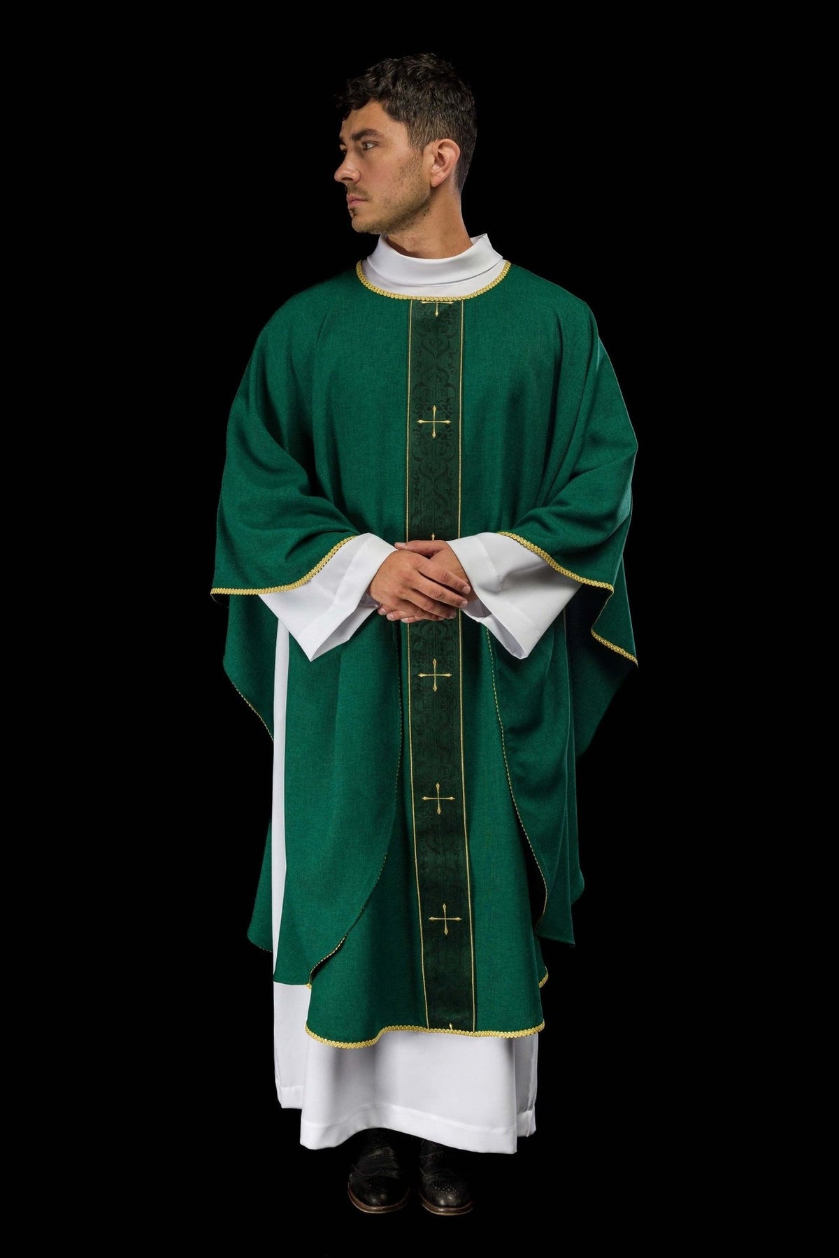 Green chasuble front view with embroidered orphrey and gold crosses