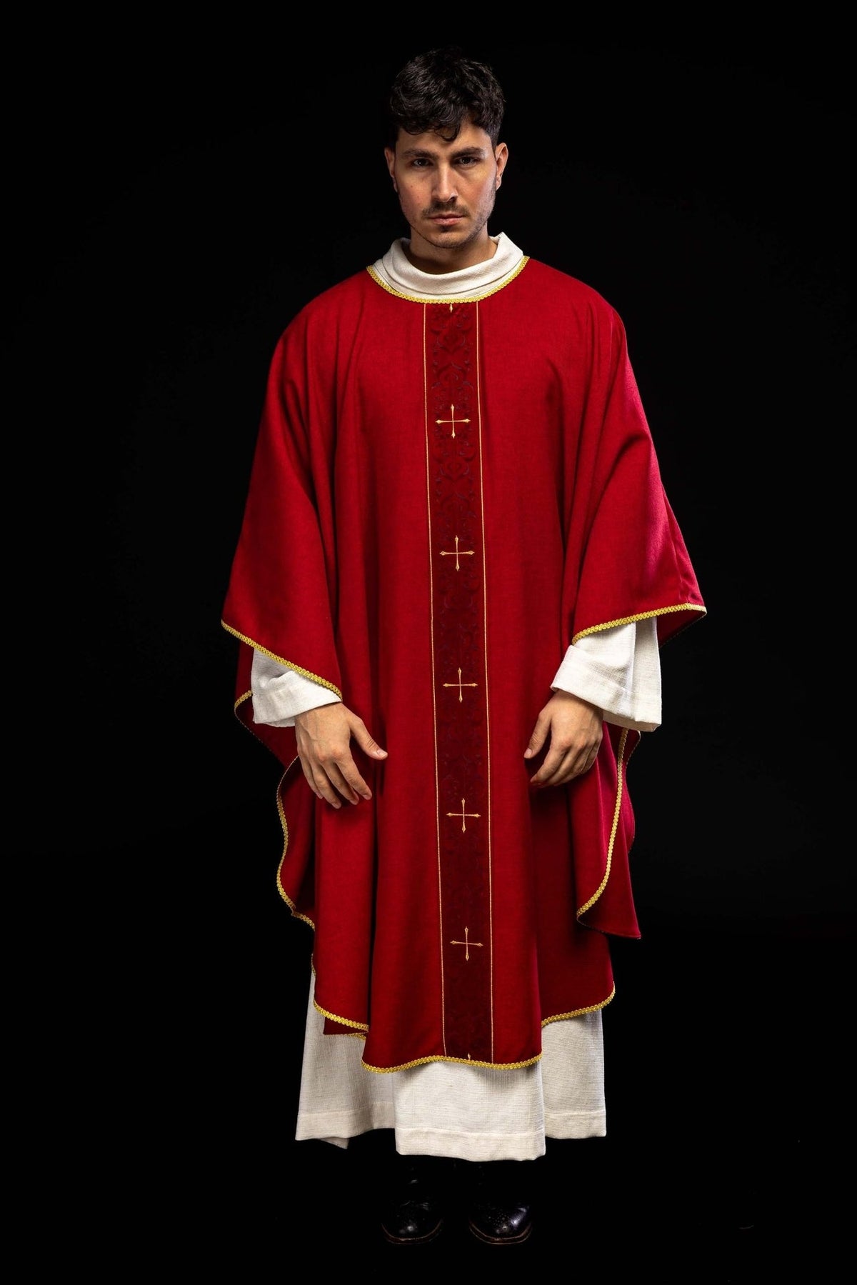 Red chasuble full front view with embroidered orphrey and gold trim