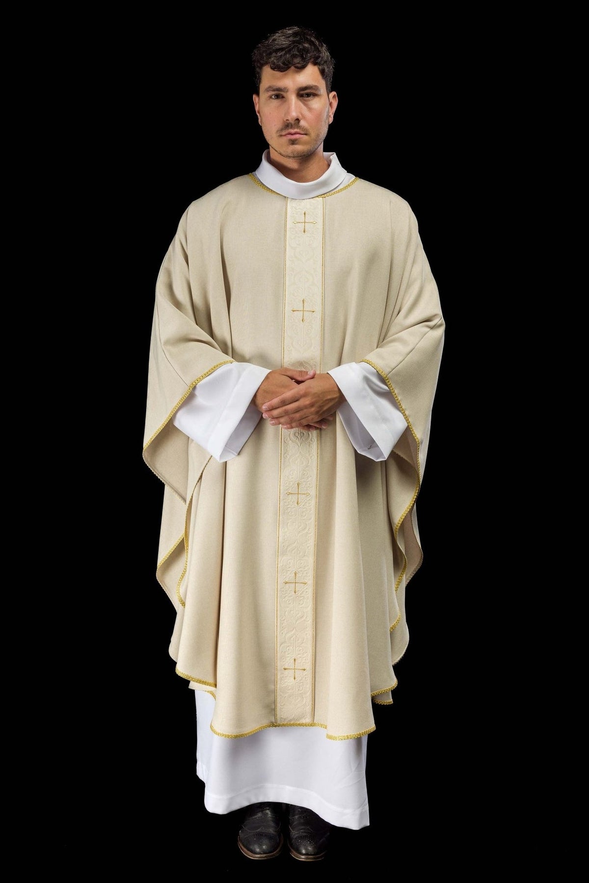 Ecru chasuble front view showing embroidered orphrey and gold crosses