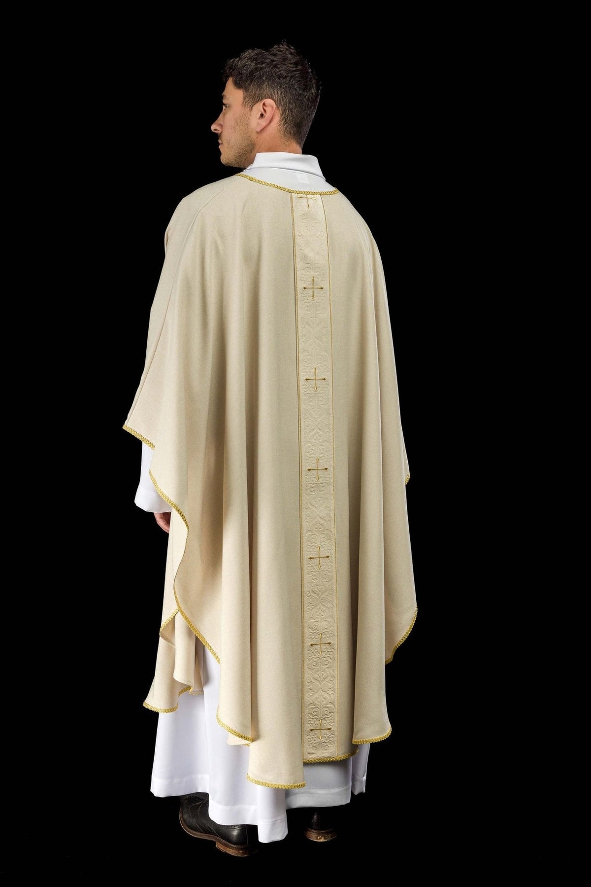 Ecru chasuble rear three-quarter view with embroidered orphrey