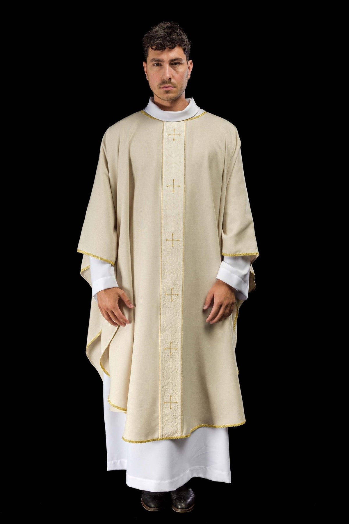 Ecru chasuble front view with embroidered orphrey and gold crosses