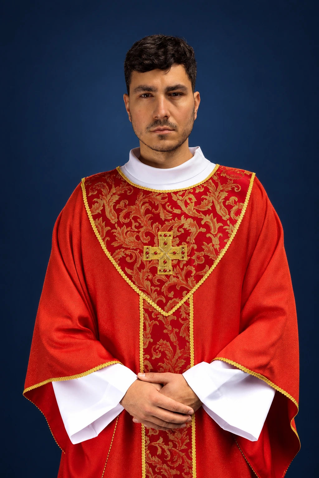 Red Chasuble with Gold Cross and Jacquard Fabric, front view with gold floral orphrey