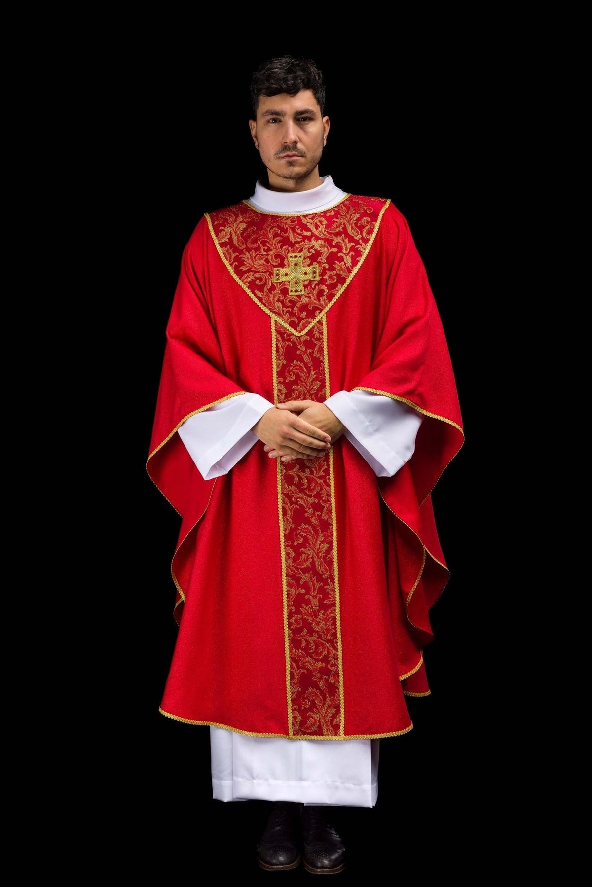 Red chasuble, full front view with gold cross and floral jacquard orphrey