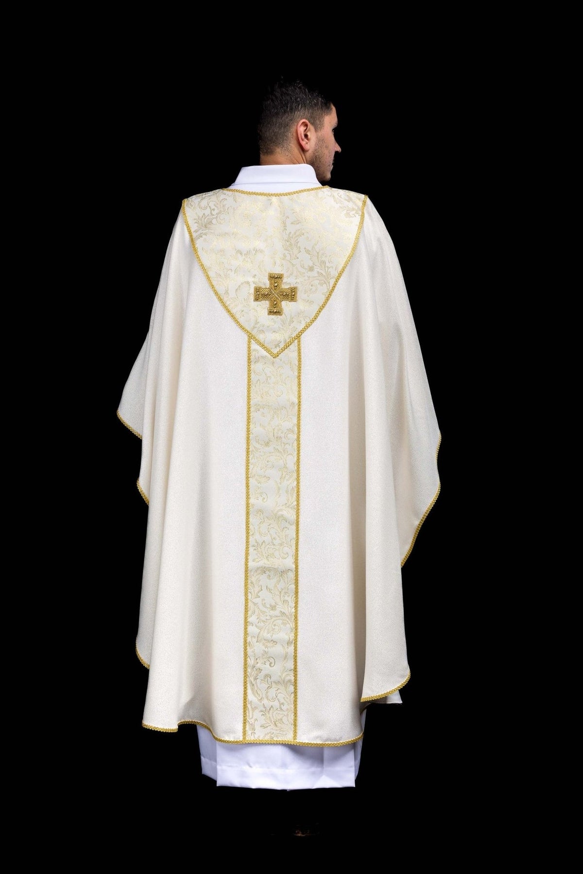 Ecru chasuble full back view with central jacquard orphrey