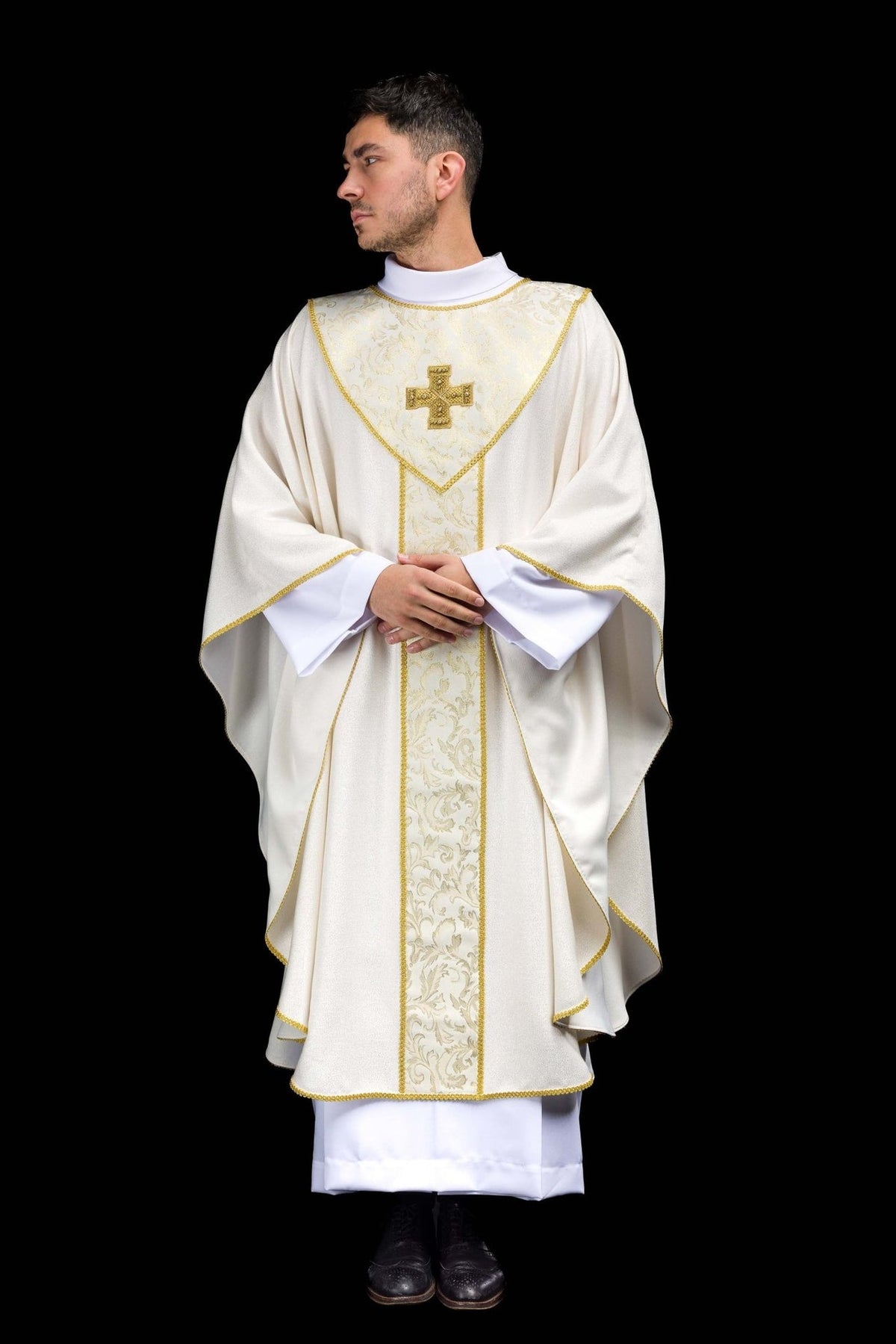 Ecru chasuble front view with gold cross and central jacquard orphrey