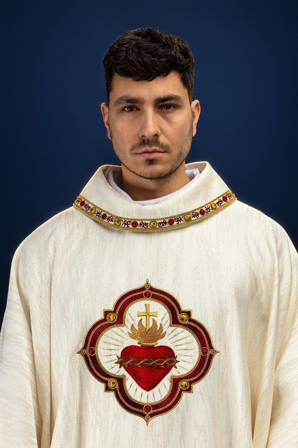 Embroidered Chasuble with Sacred Heart of Jesus and Chalice, front view in cream with gold trim
