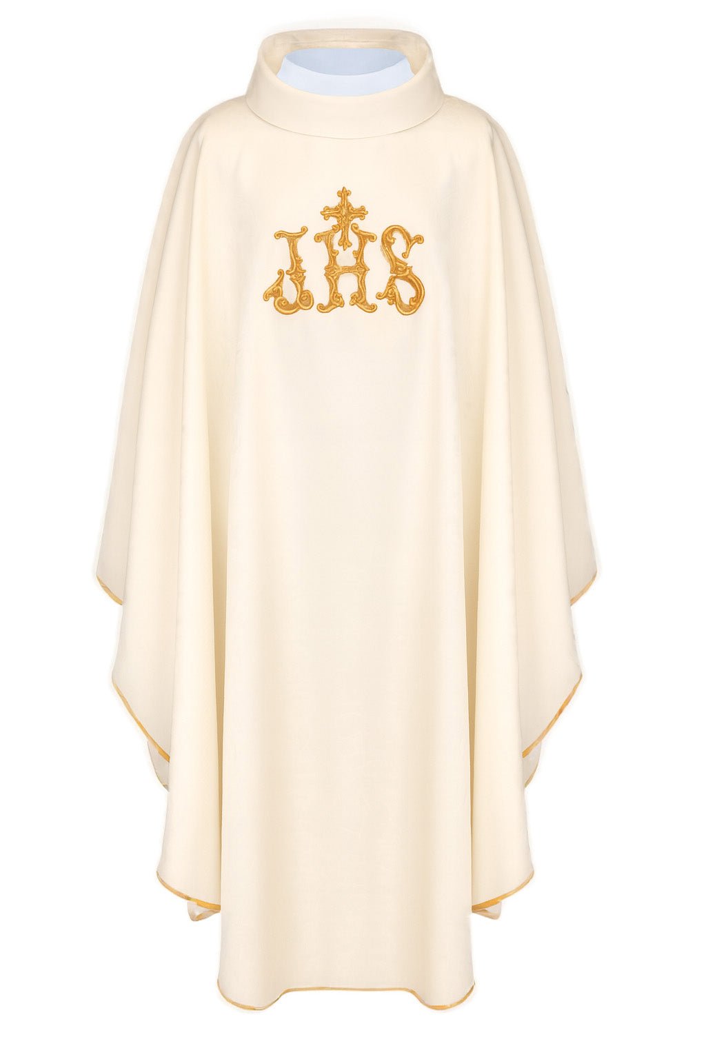 Ecru liturgical chasuble, 53 in (135 cm) long, front view with gold embroidered IHS cross and gold trim