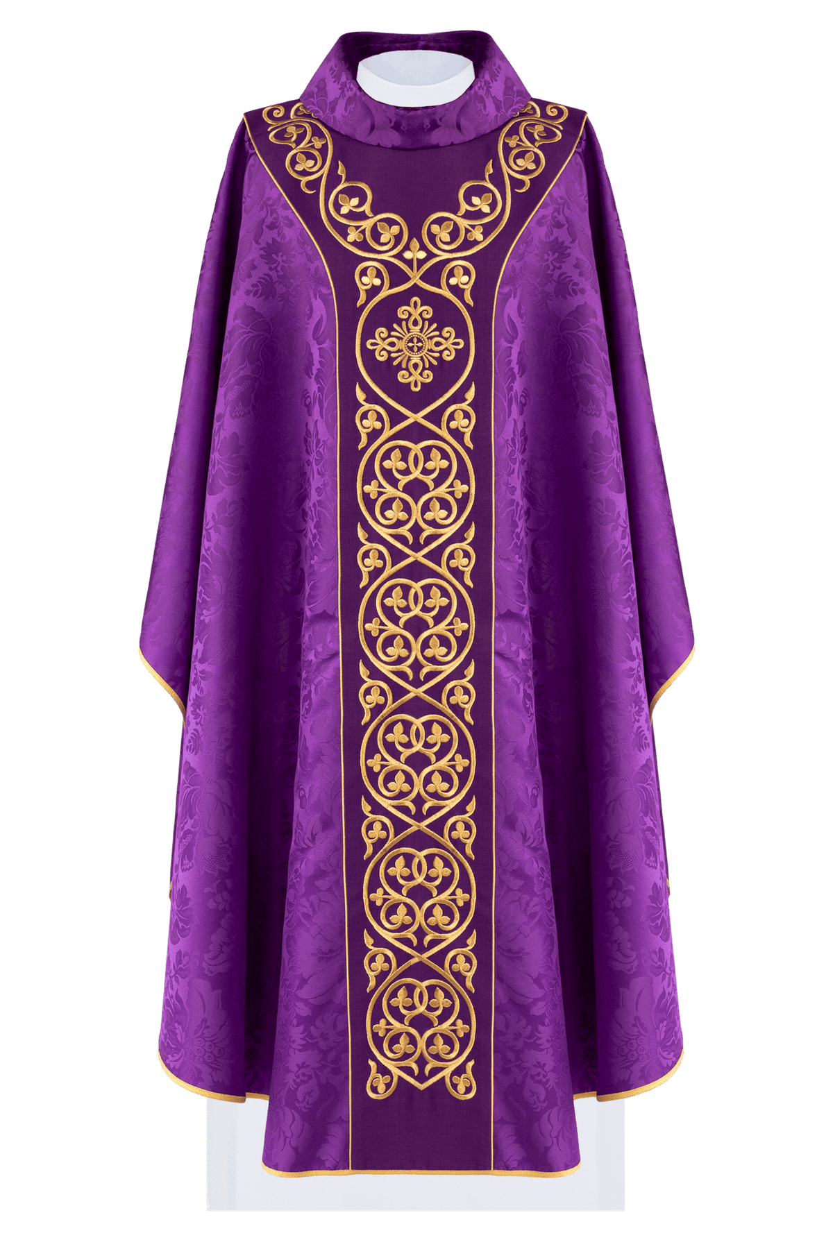 Purple Liturgical Chasuble with Gold-Satin Trim, front view with ornate gold embroidery and stand-up collar
