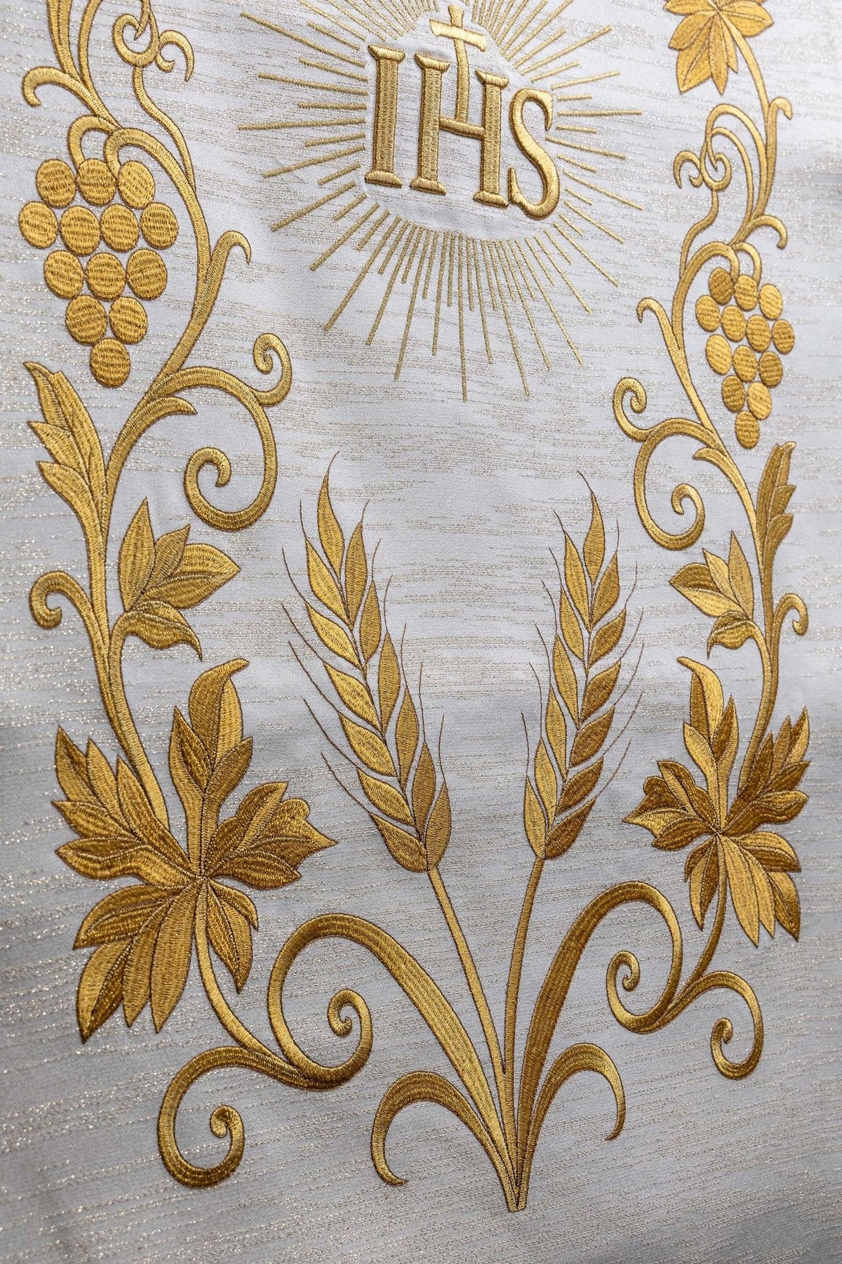 Ecru church lectern cover close-up with gold wheat, vine and leaf embroidery