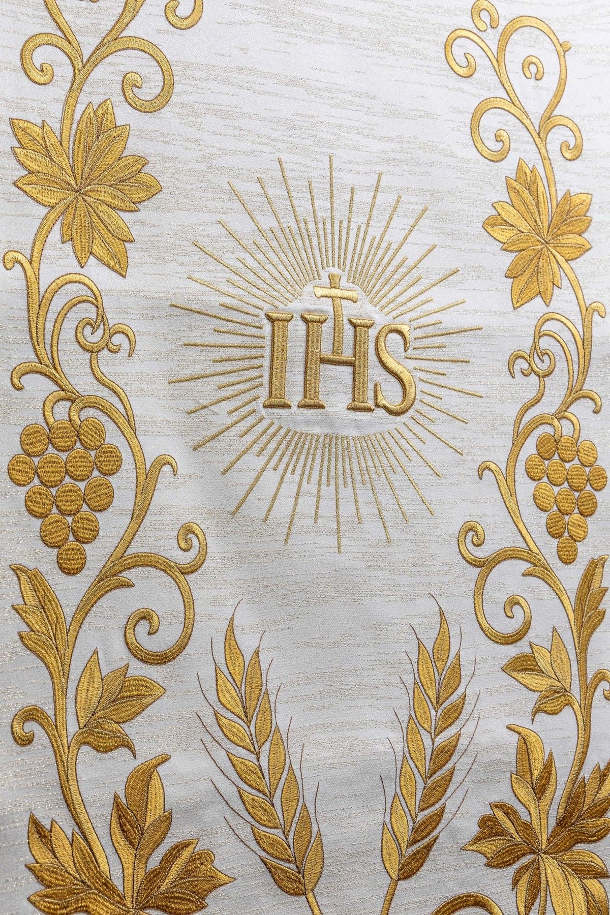 Ecru church lectern cover close-up showing textured fabric and gold fringe