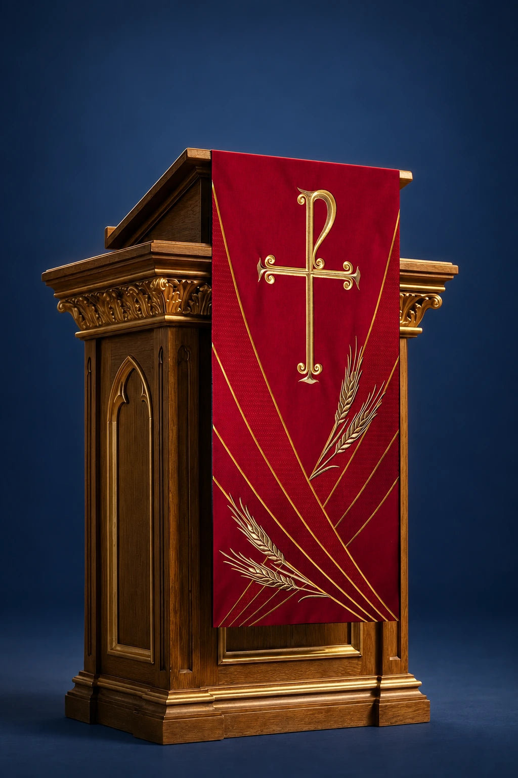 Red Church Lectern Cover with PAX Embroidery, front view with gold cross and wheat embroidery