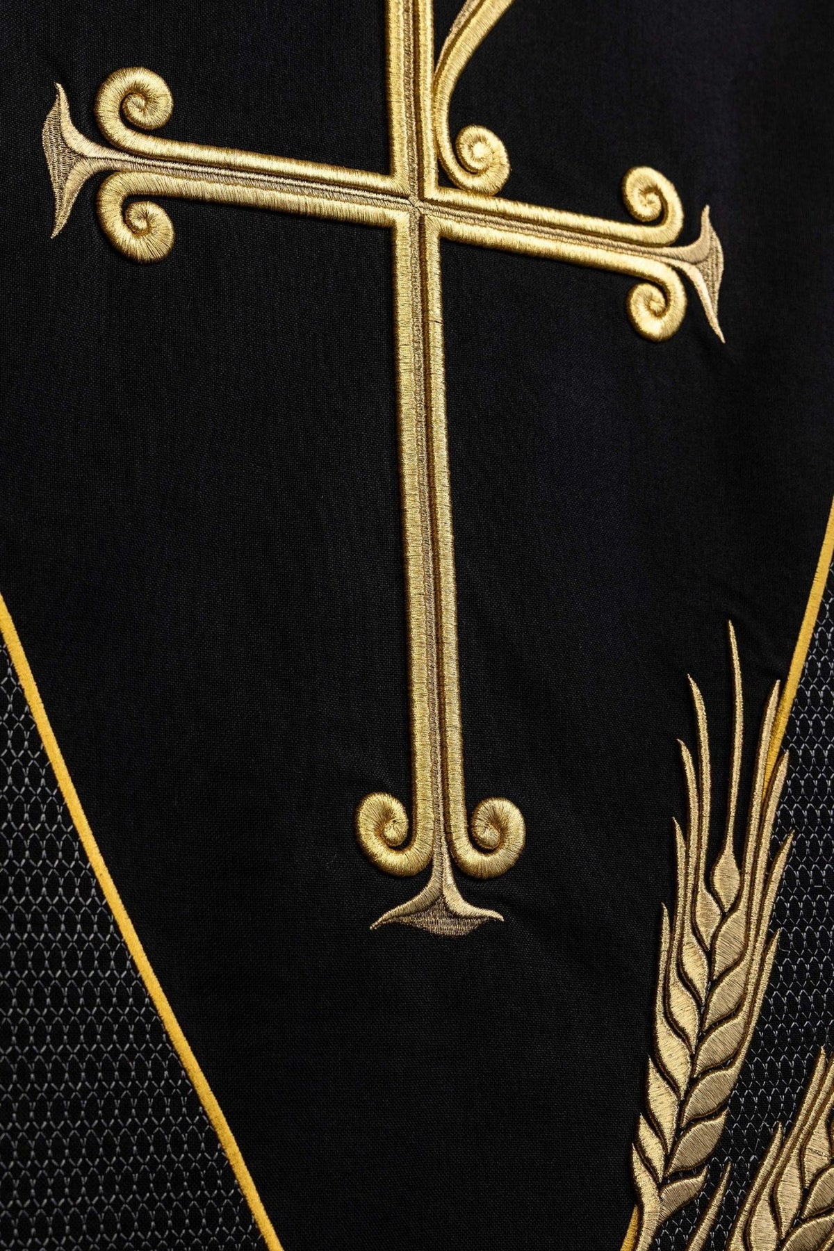 Black church lectern cover close-up of cross embroidery and wheat motif