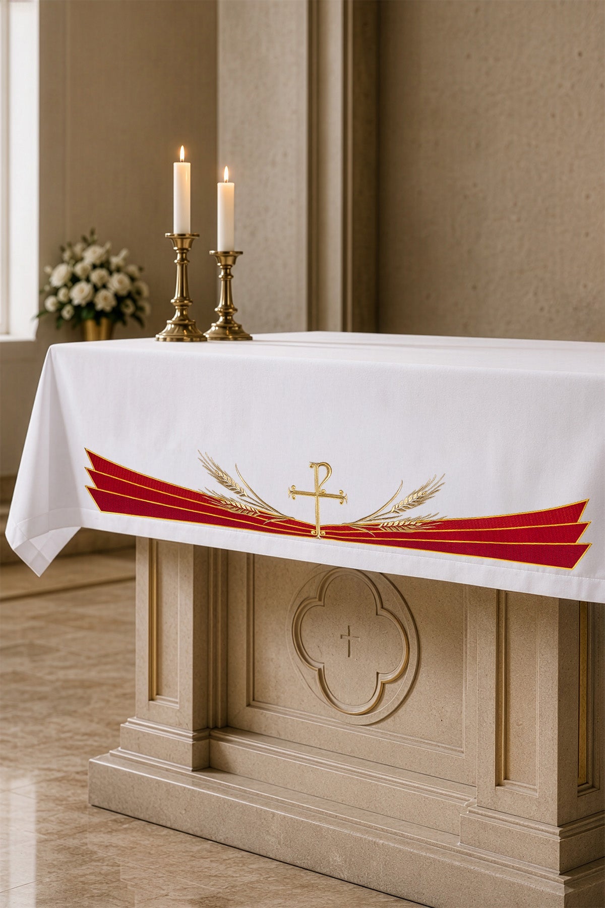 Altar Cloth with Embroidered PAX Symbol, white with red and gold embroidery, shown on an altar