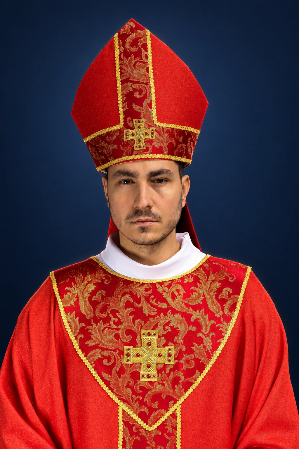 Red Miter with Embroidered Cross and Jacquard Fabric, front view with gold trim