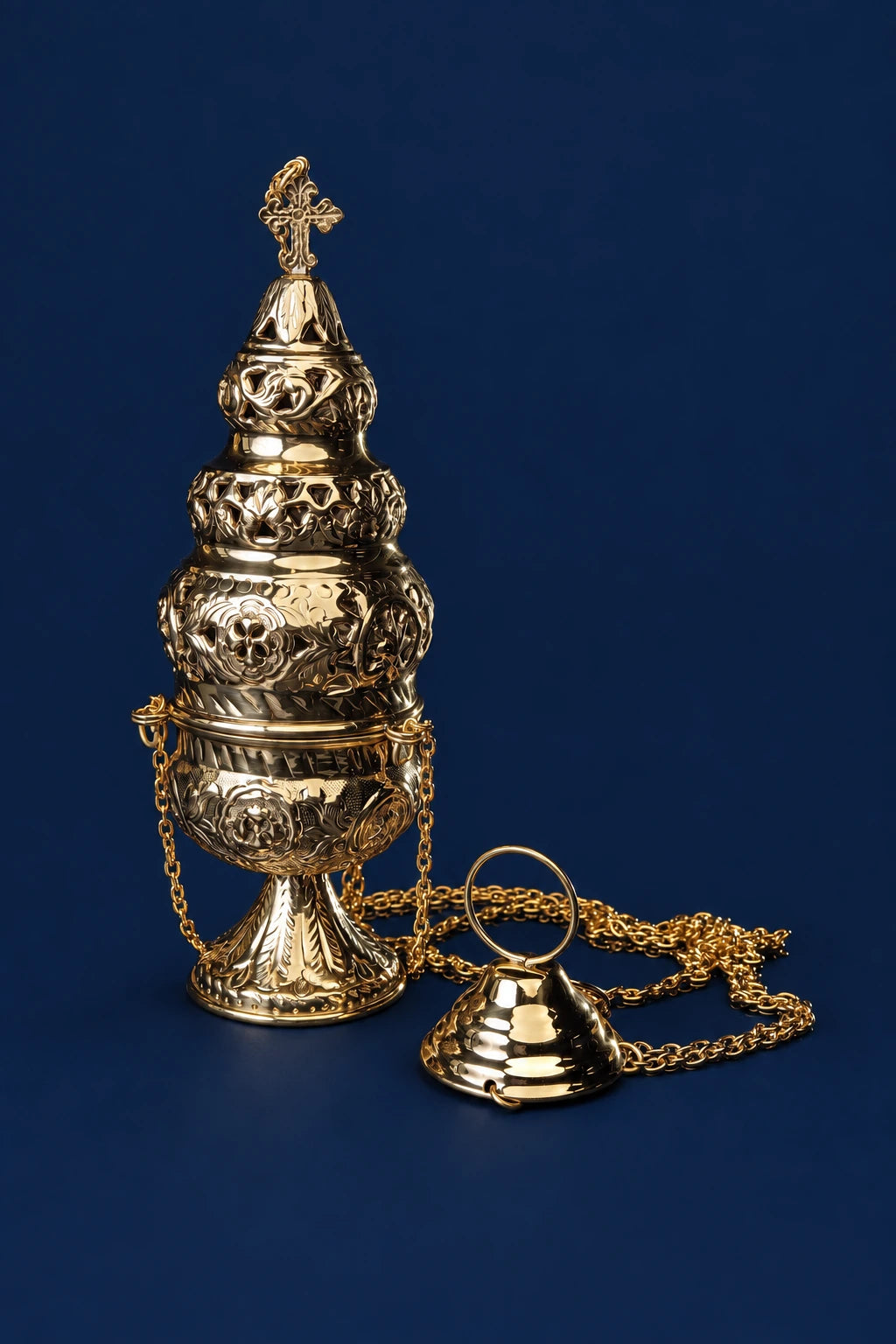 Brass Thurible, 11.5 in (29 cm), full view with cross, ornate floral motifs, chains and bell