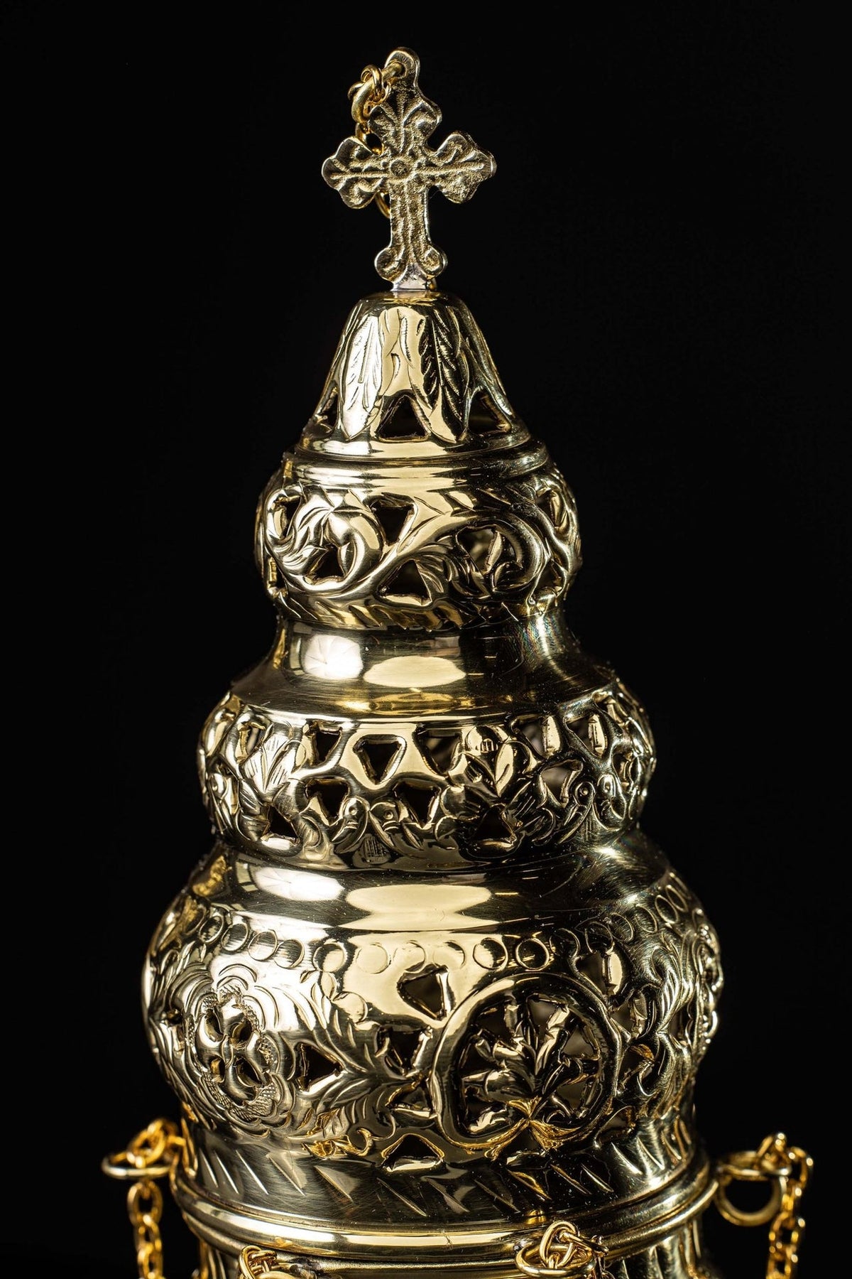 Brass thurible upper section with cross, pierced lid and floral motifs