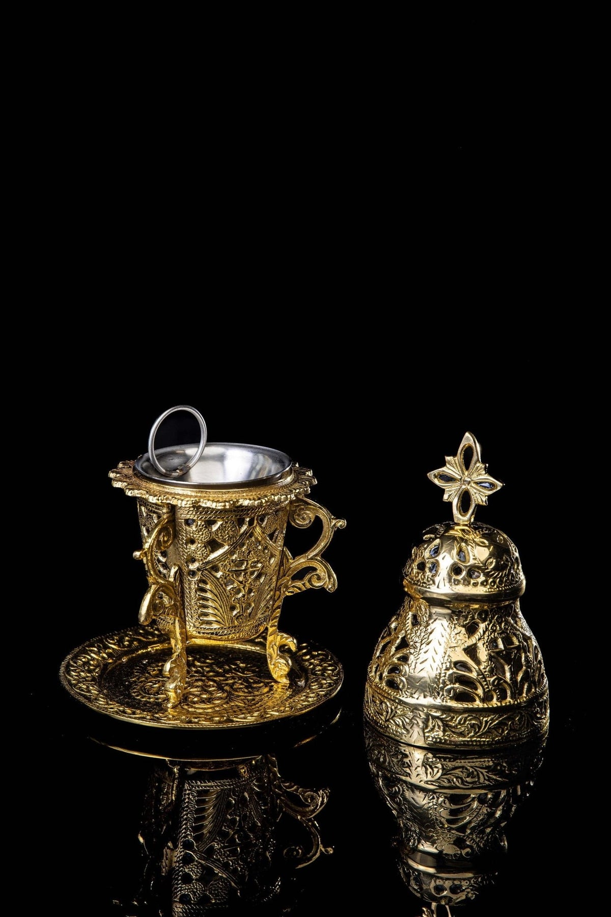 Brass censer with stand and cross shown open, revealing the inner incense bowl