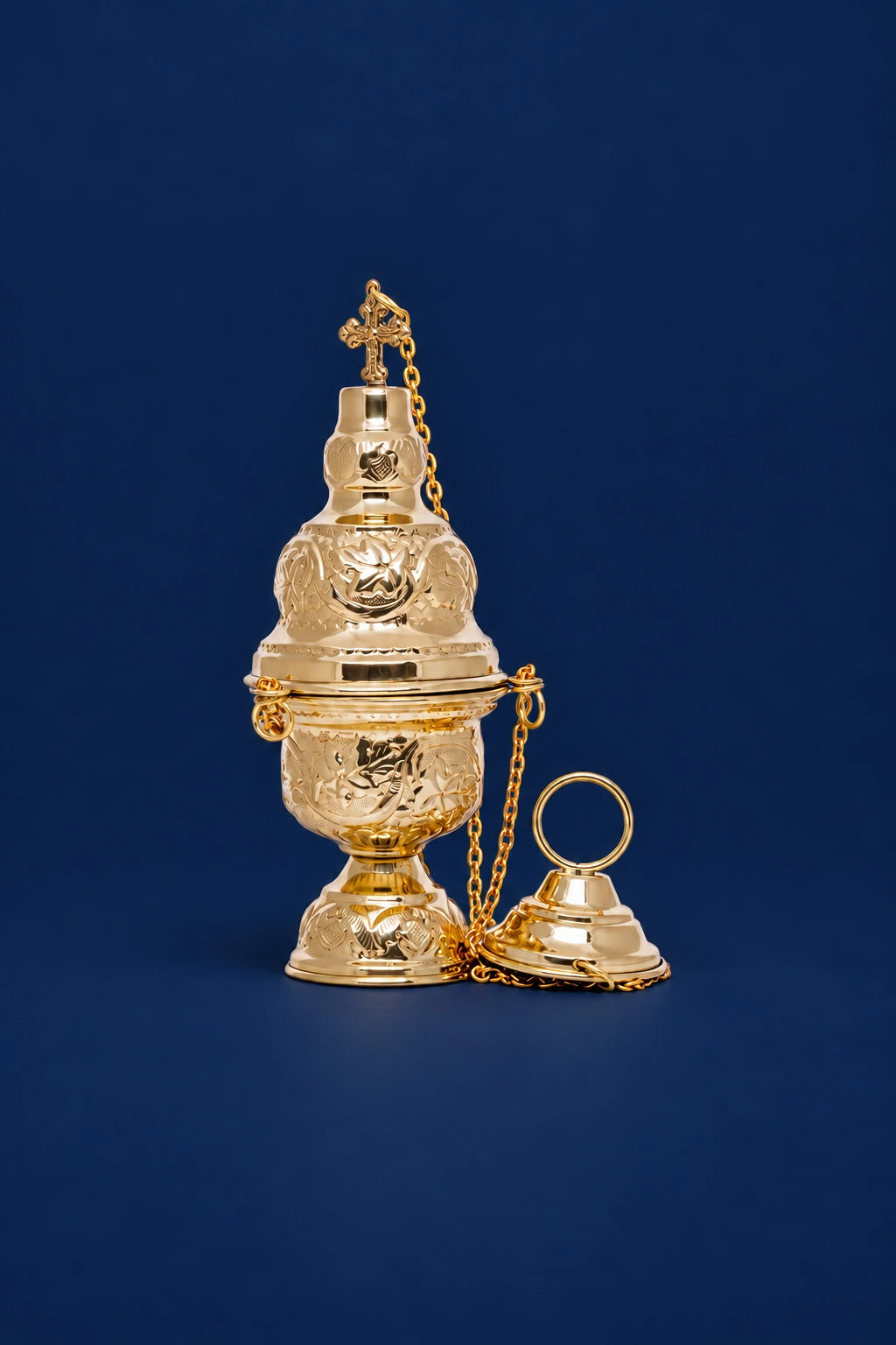 Brass Thurible, 9.5 in (24 cm), front view with ornate floral engraving, chains and cross