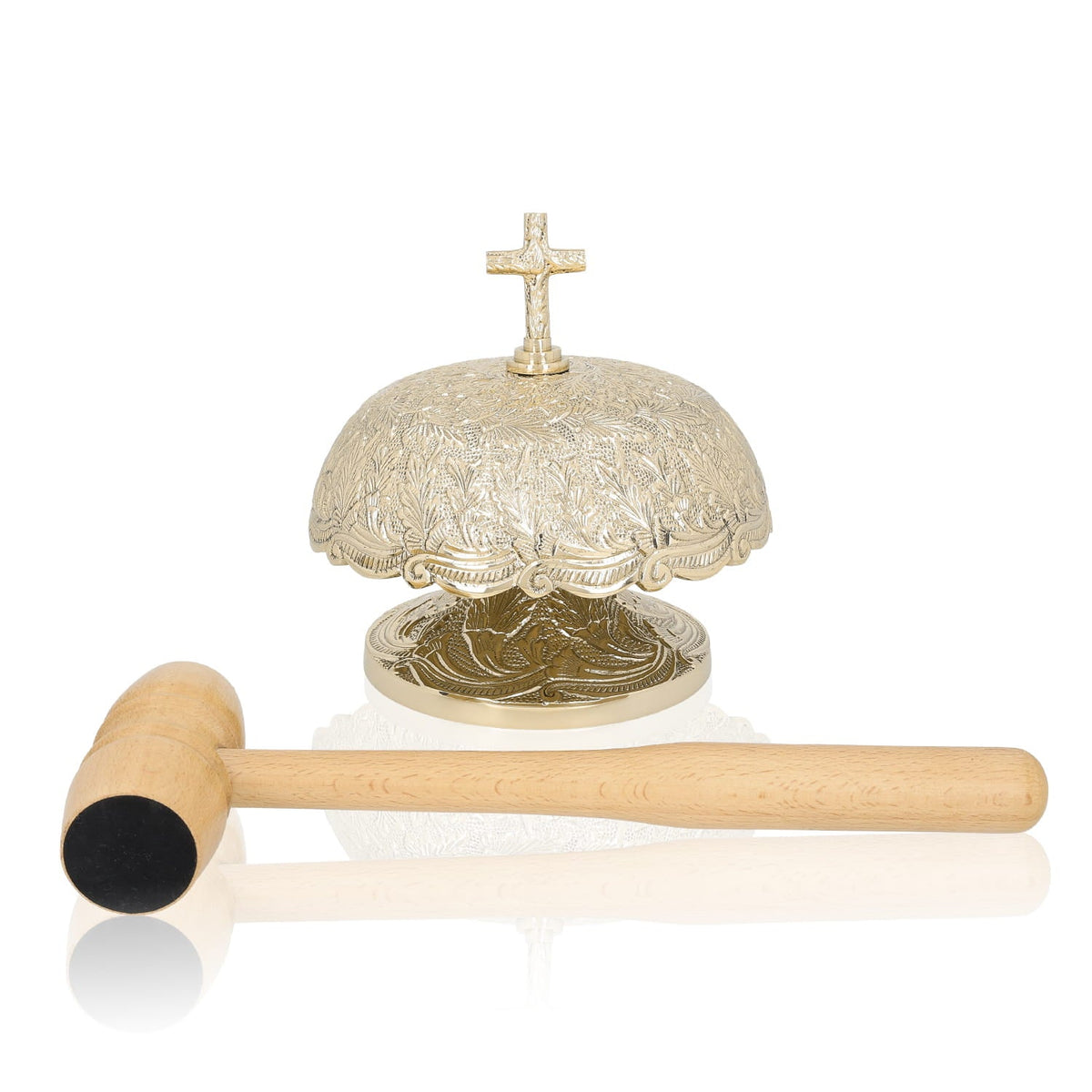 Brass altar bells with wooden mallet, front view with open gap beneath the engraved dome